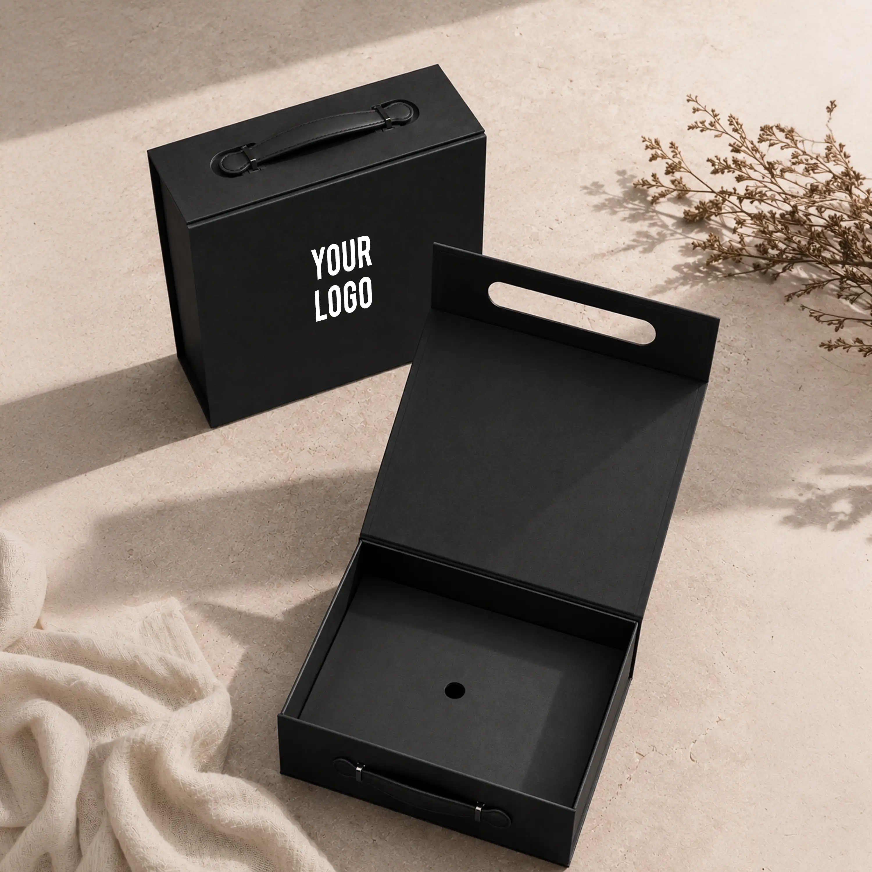 Luxury Gift Box with PU Leather Handle Black