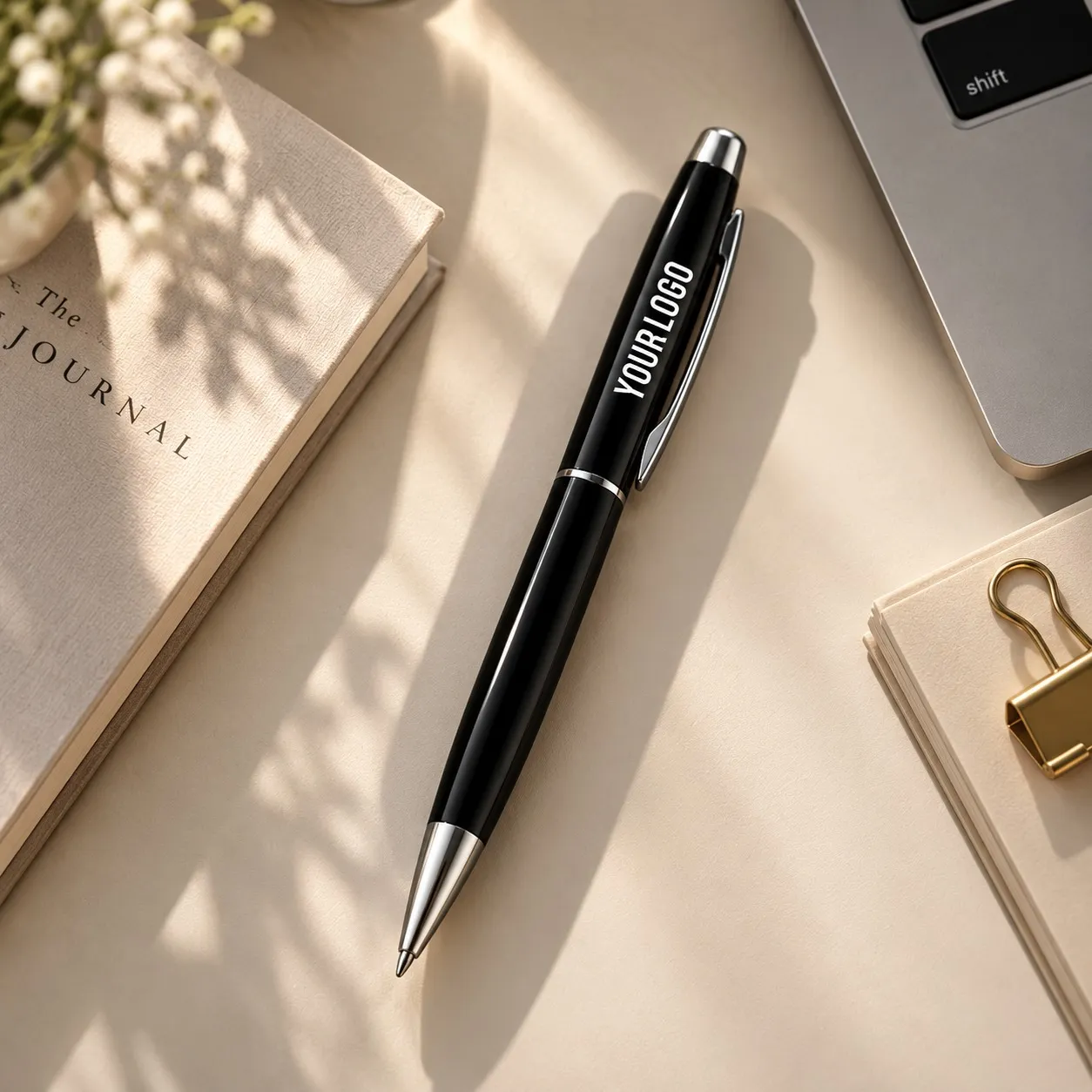 Black glossy metal ballpoint pen with chrome trim standing upright on white