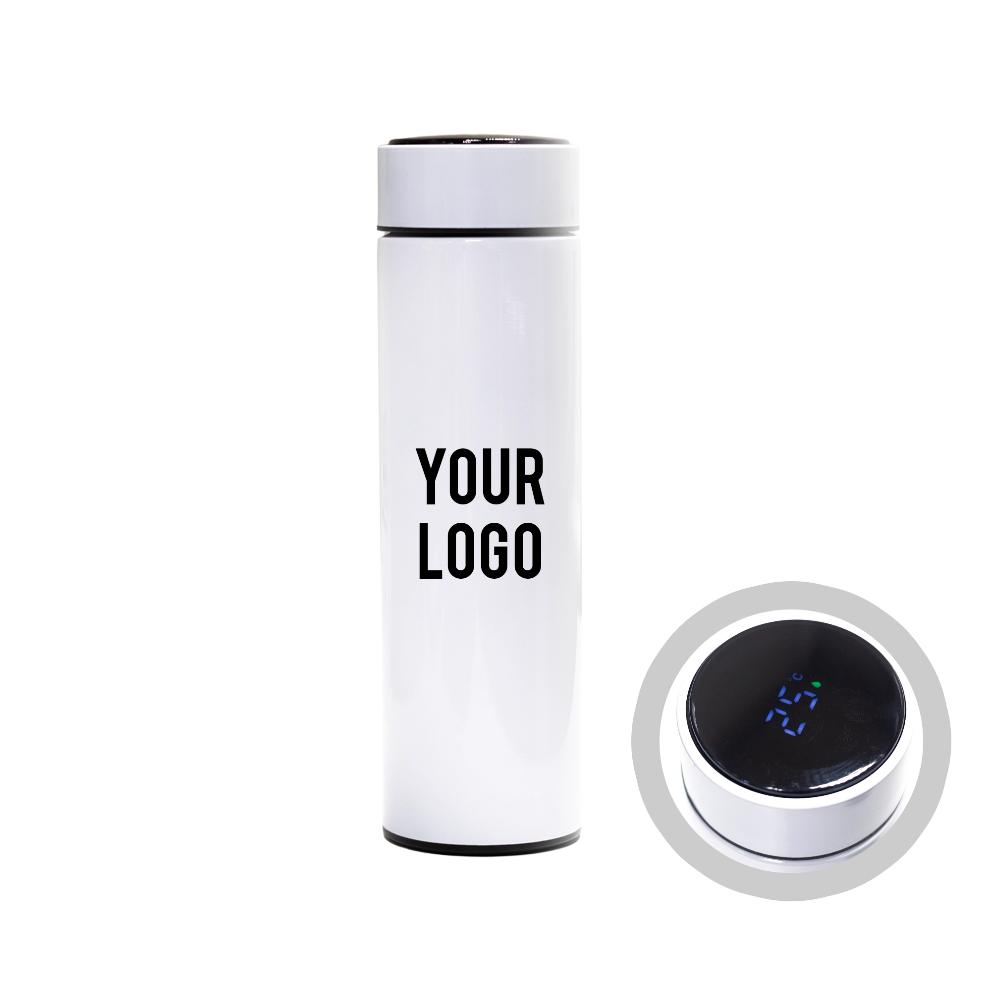White digital temperature display bottle 500ml – front view with blank branding area