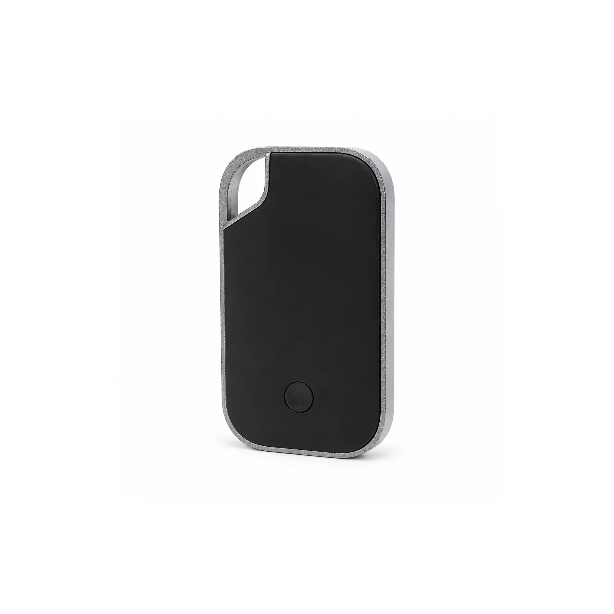 Traxo Bluetooth locator device, black panel with silver metal frame, front view