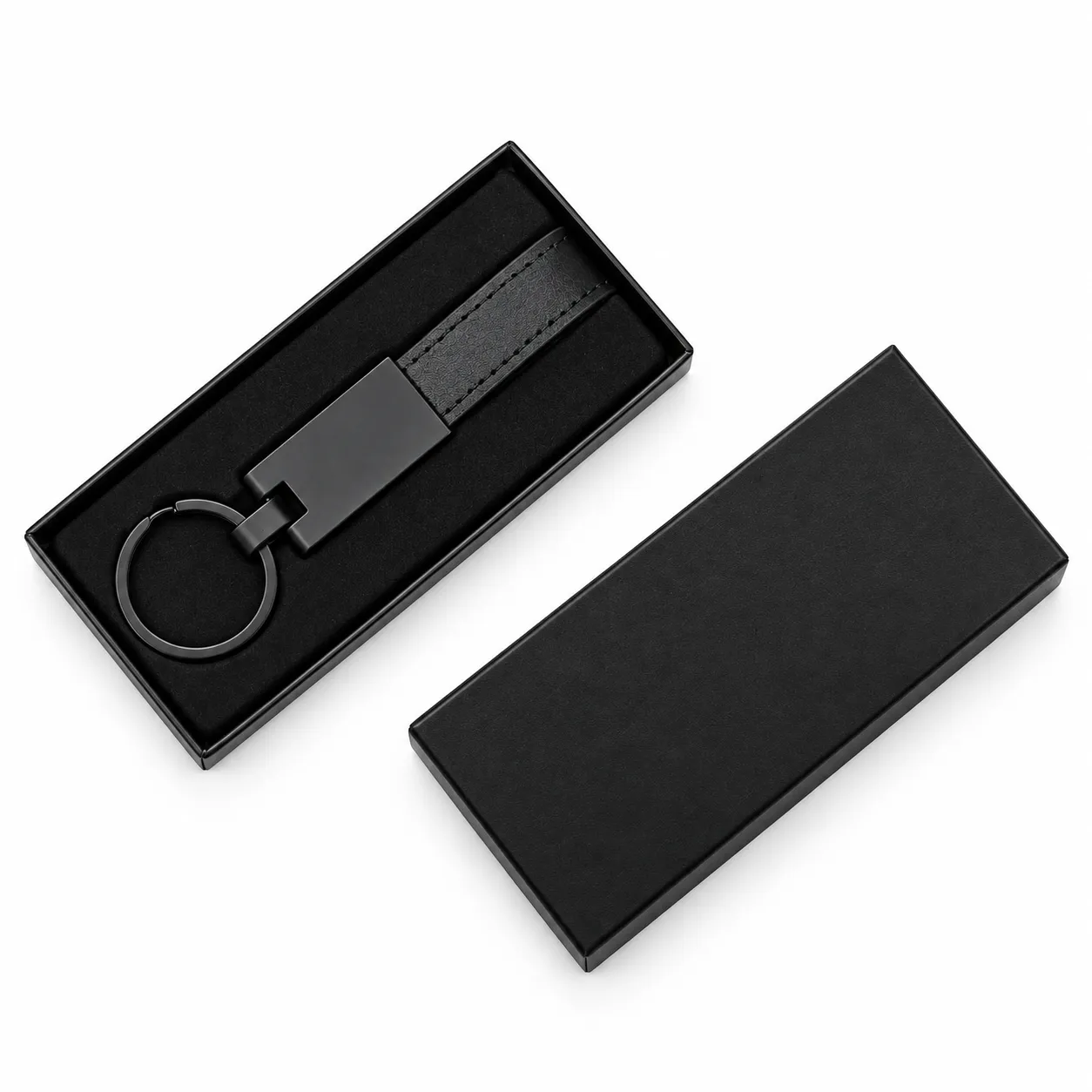 Matte black tag keychain with black PU leather strap