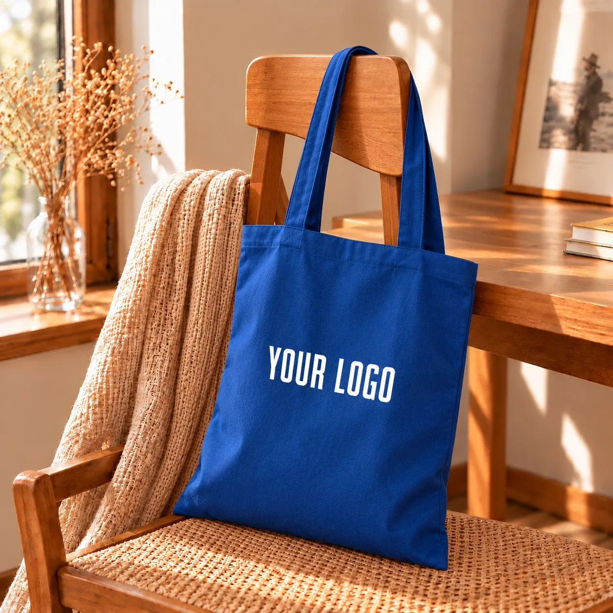 Blue recycled cotton tote bag with long handles – sustainable and reusableBlue recycled cotton tote bag with long handles – sustainable and reusable