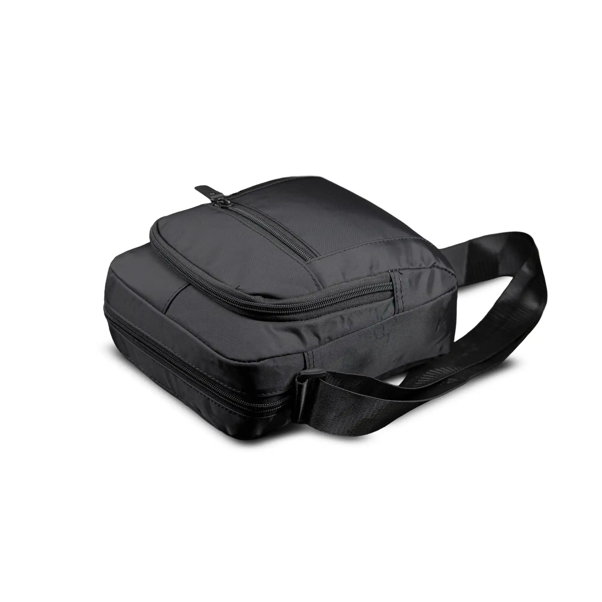 Premium black sling bag with adjustable strap and multi-compartment travel design