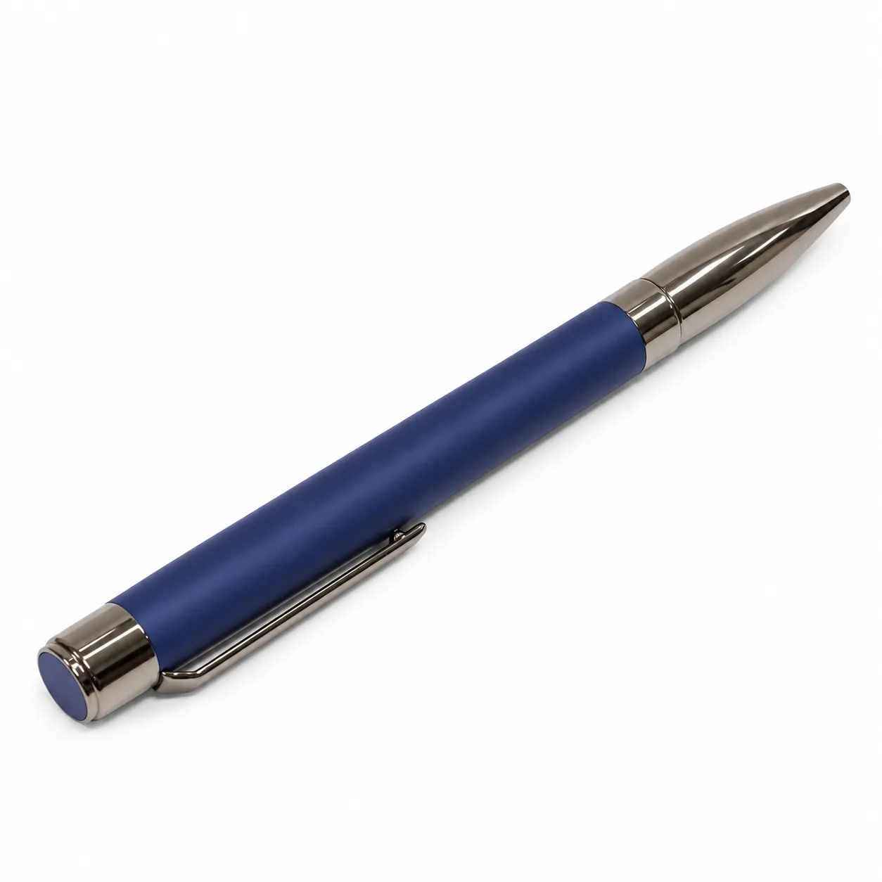 Blue matte metal ballpoint pen with gunmetal clip and bullet tip on white