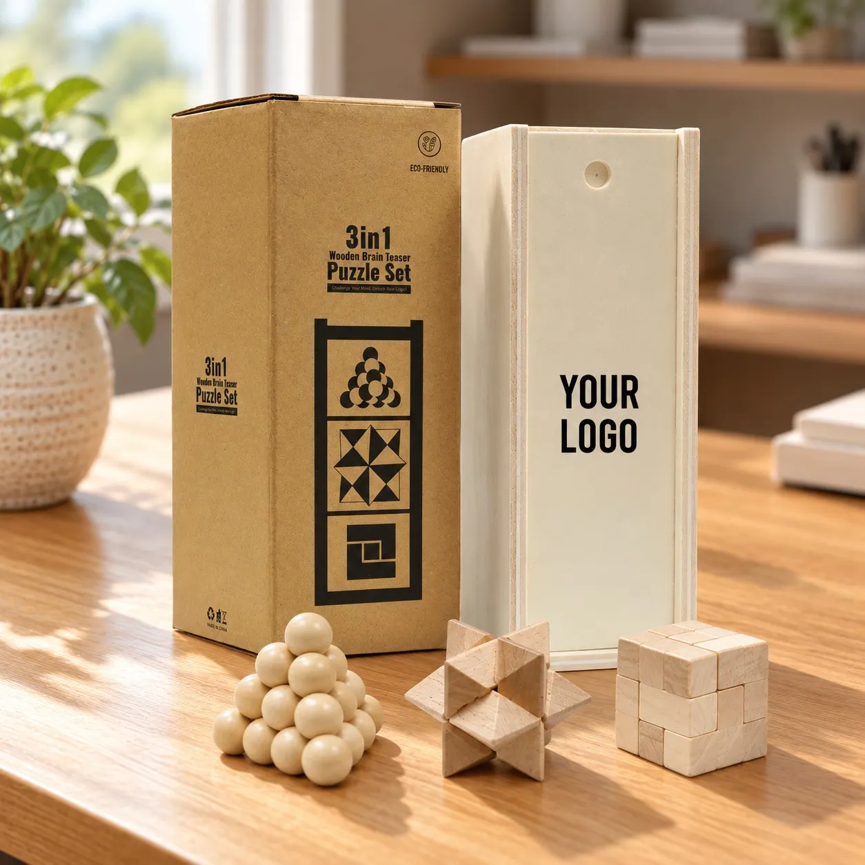 Wooden star, bead cluster, and cube puzzle set displayed beside box