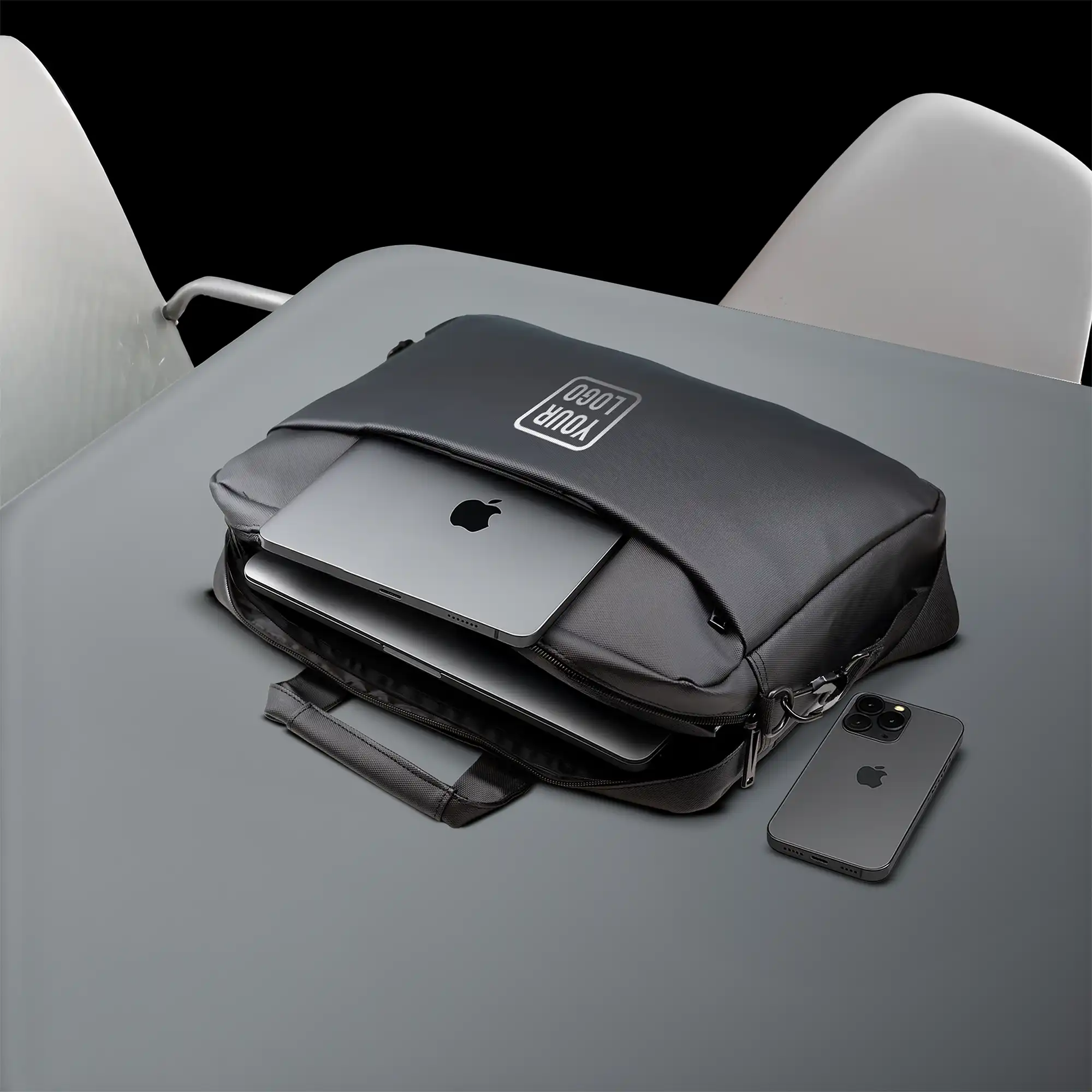 Premium black executive laptop bag with padded protection and luxury business travel design