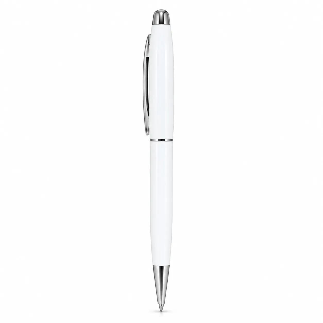White glossy metal ballpoint pen with chrome trim standing upright on white