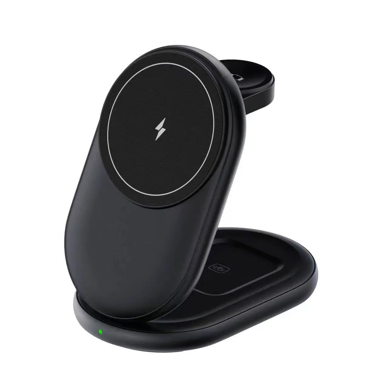 Black 3-in-1 foldable magnetic wireless charger stand charging a smartphone, smartwatch and wireless earbuds
