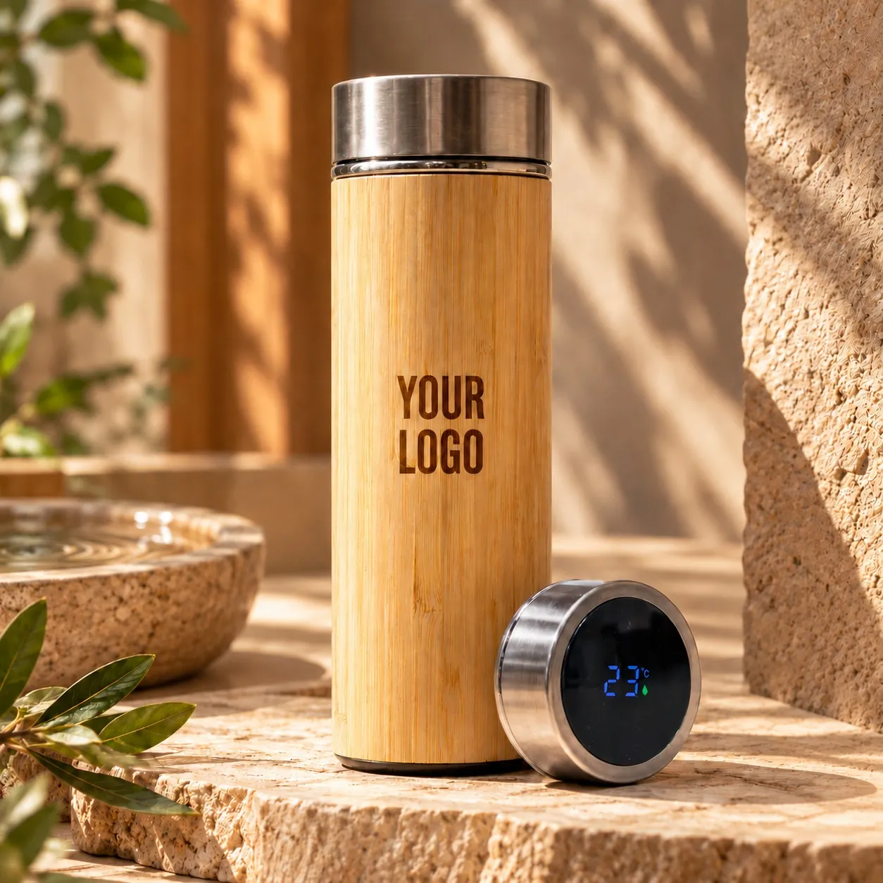 Bamboo Thermos Bottle with Digital Temperature Display