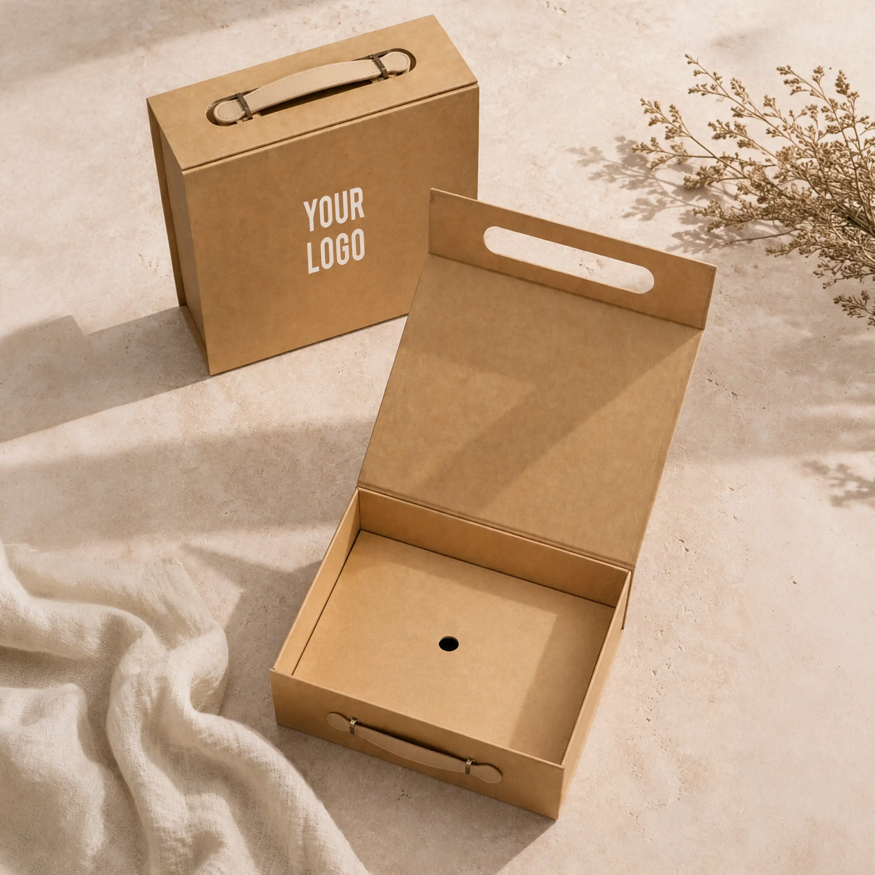 Luxury Gift Box with PU Leather Handle Brown