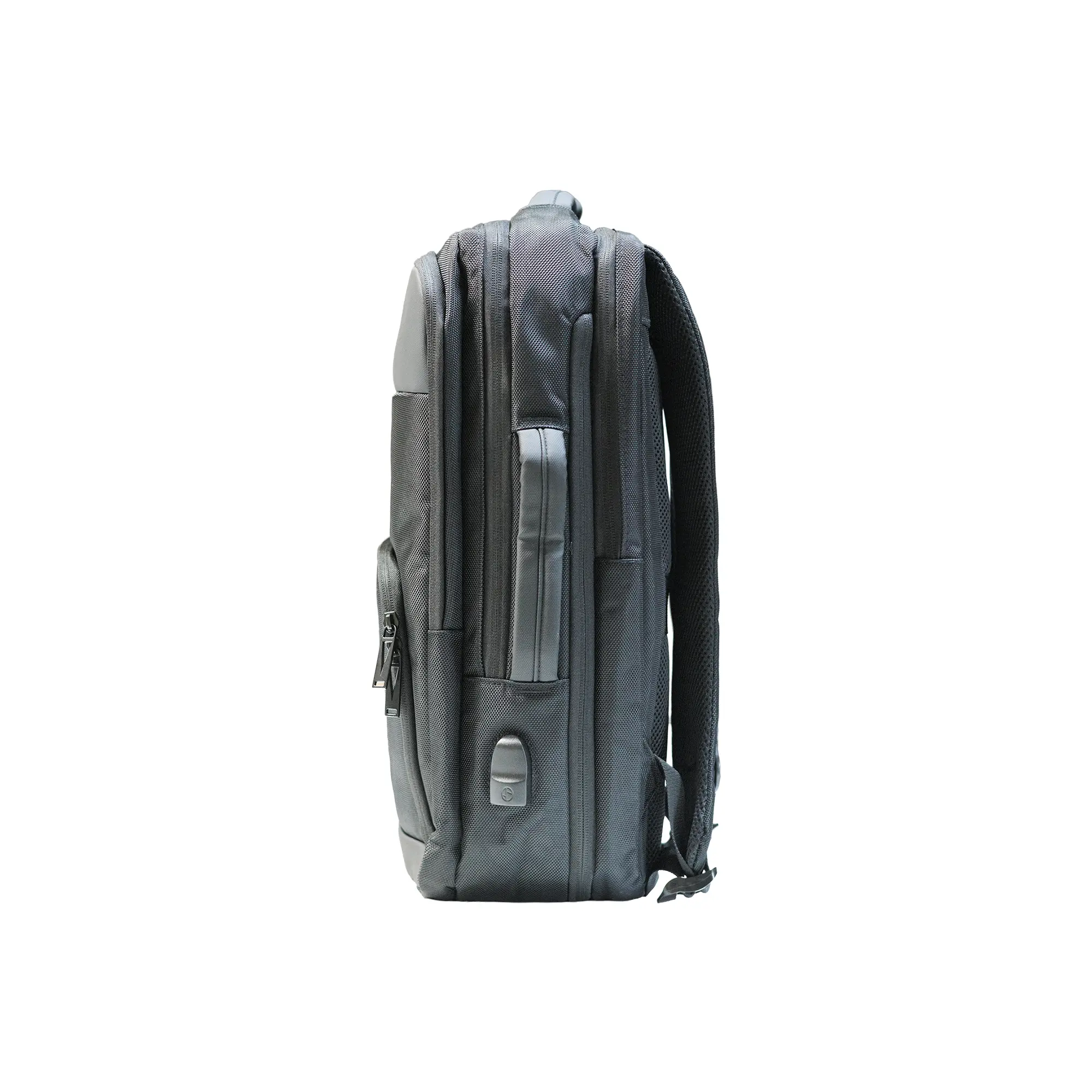 Black executive laptop backpack with USB charging port and multiple compartments