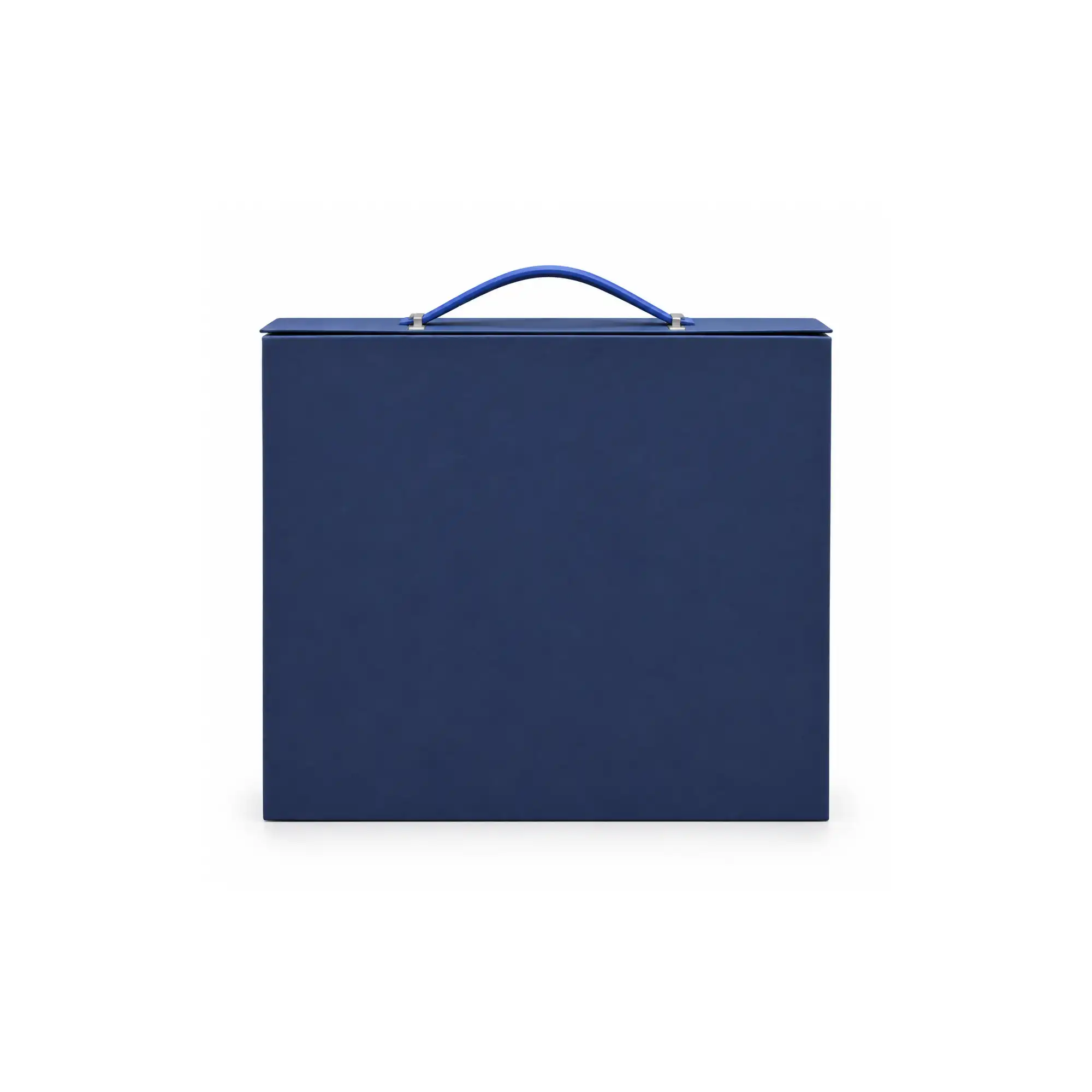 blue luxury gift box closed with blue PU leather handle and front branding area