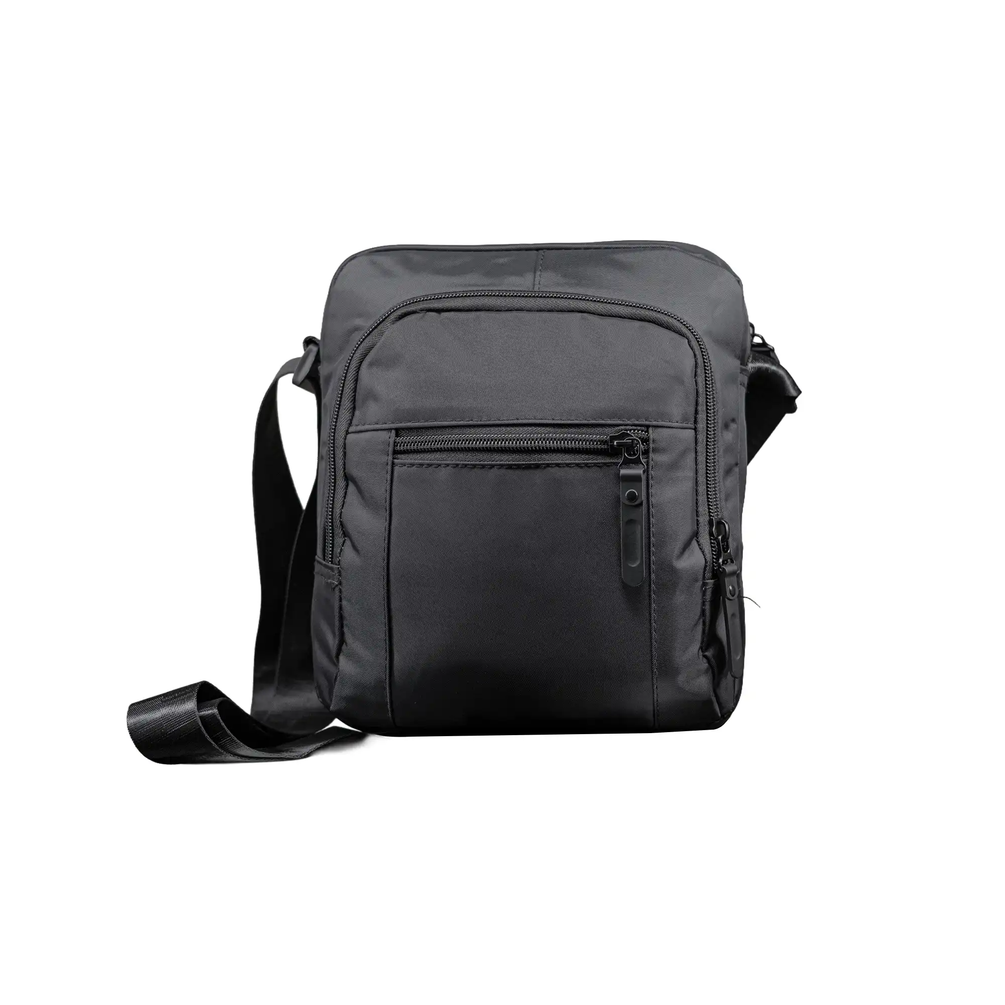 Premium black sling bag with adjustable strap and multi-compartment travel design