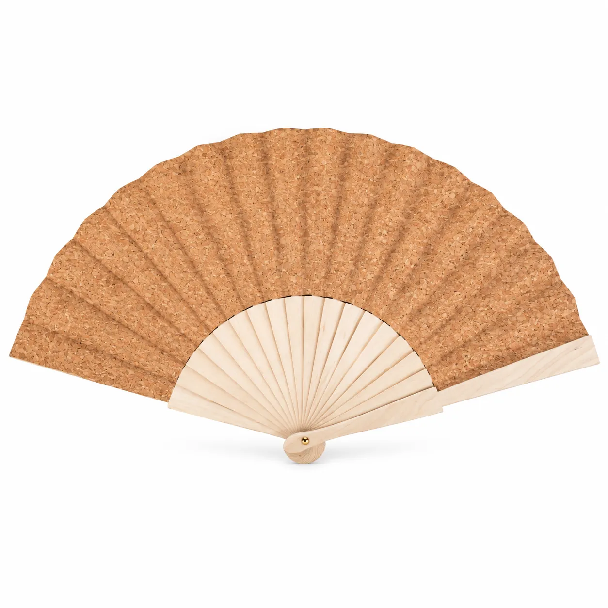Folding hand fan opened flat showing a speckled natural cork leaf on a pale wooden ribbed frame with a brass pivot