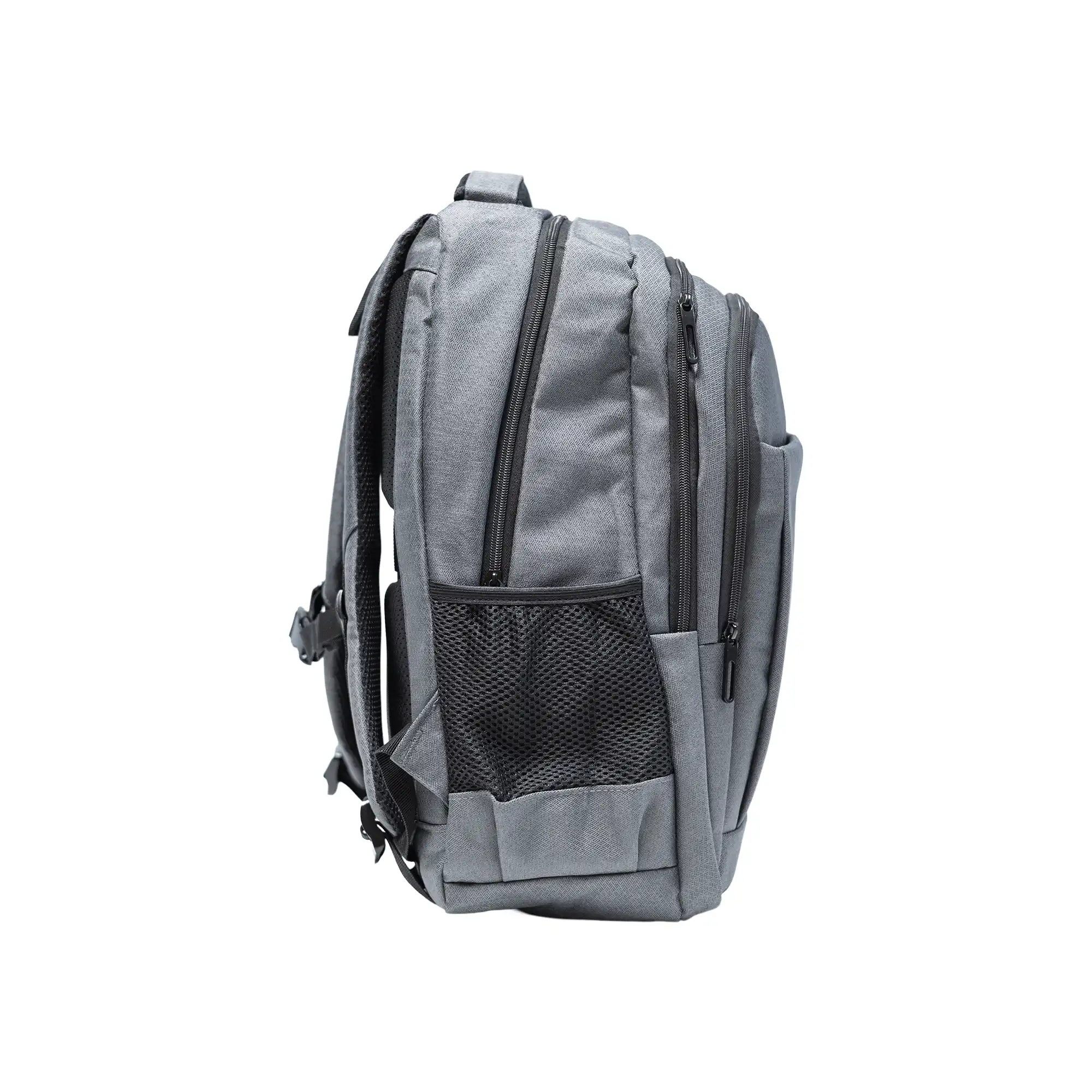 Gray travel backpack with zipper and USB charging feature
