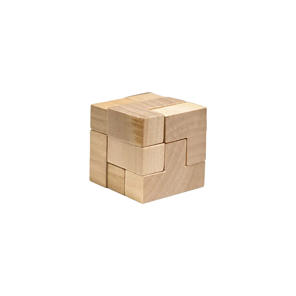 Wooden star, bead cluster, and cube puzzle set displayed beside box