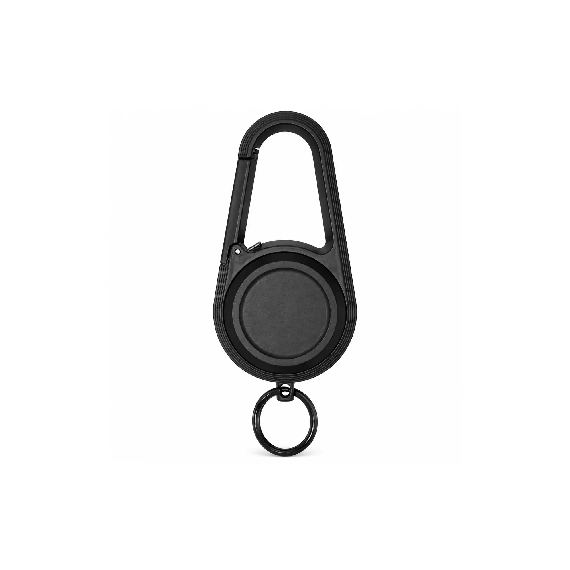 Latchex carabiner Bluetooth finder shown open with keyring, rotating cap and clip