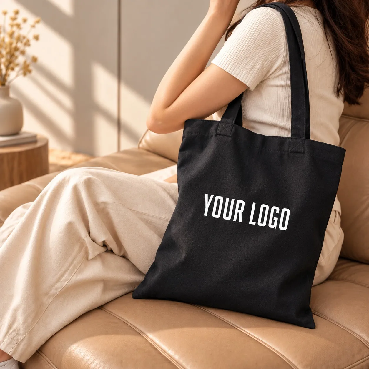 Black recycled cotton tote bag with long handles – sustainable and reusable