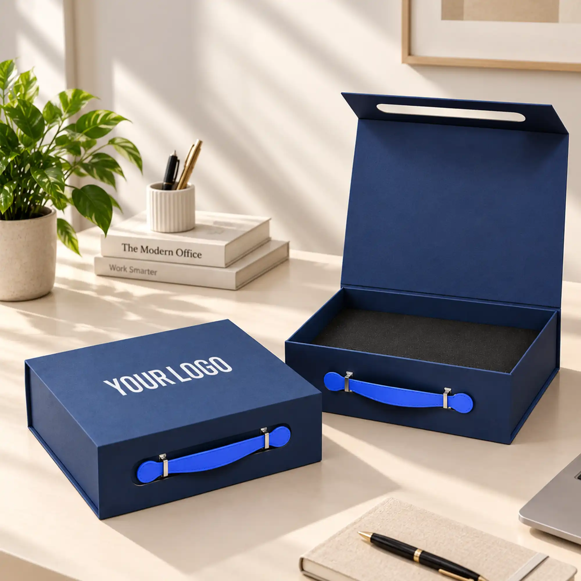 blue luxury gift box closed with blue PU leather handle and front branding area