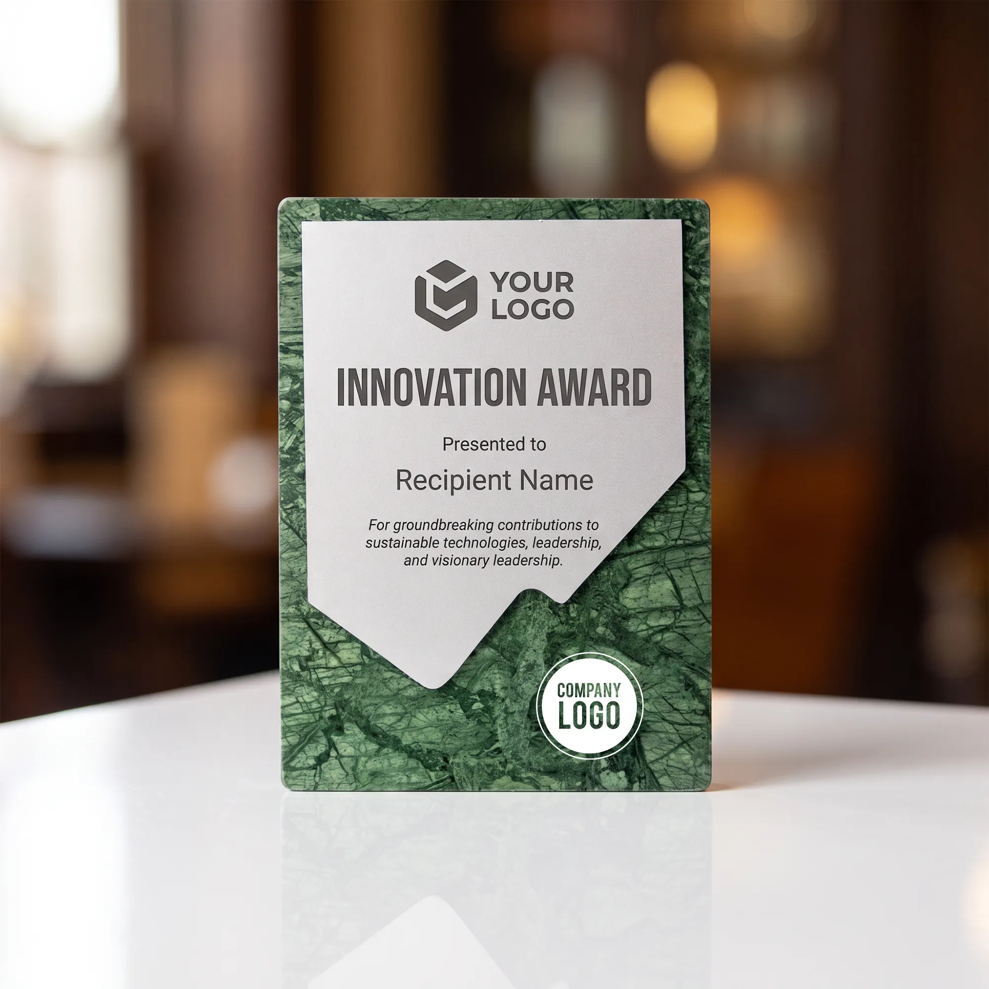 Green Stone Plaque Award With Metal Plate