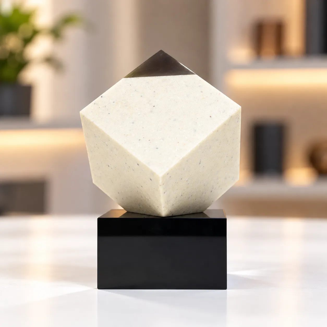 Diamond corner crystal cube on a black base on a desk