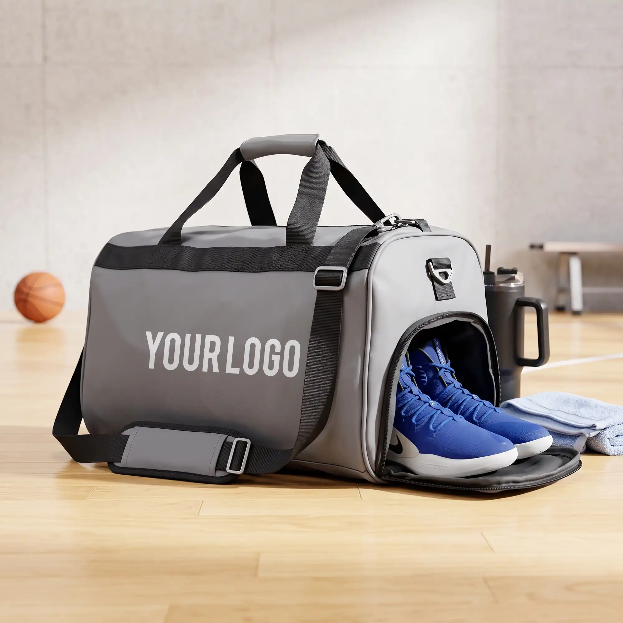 Modern gray duffle travel bag with dual handles and adjustable strap