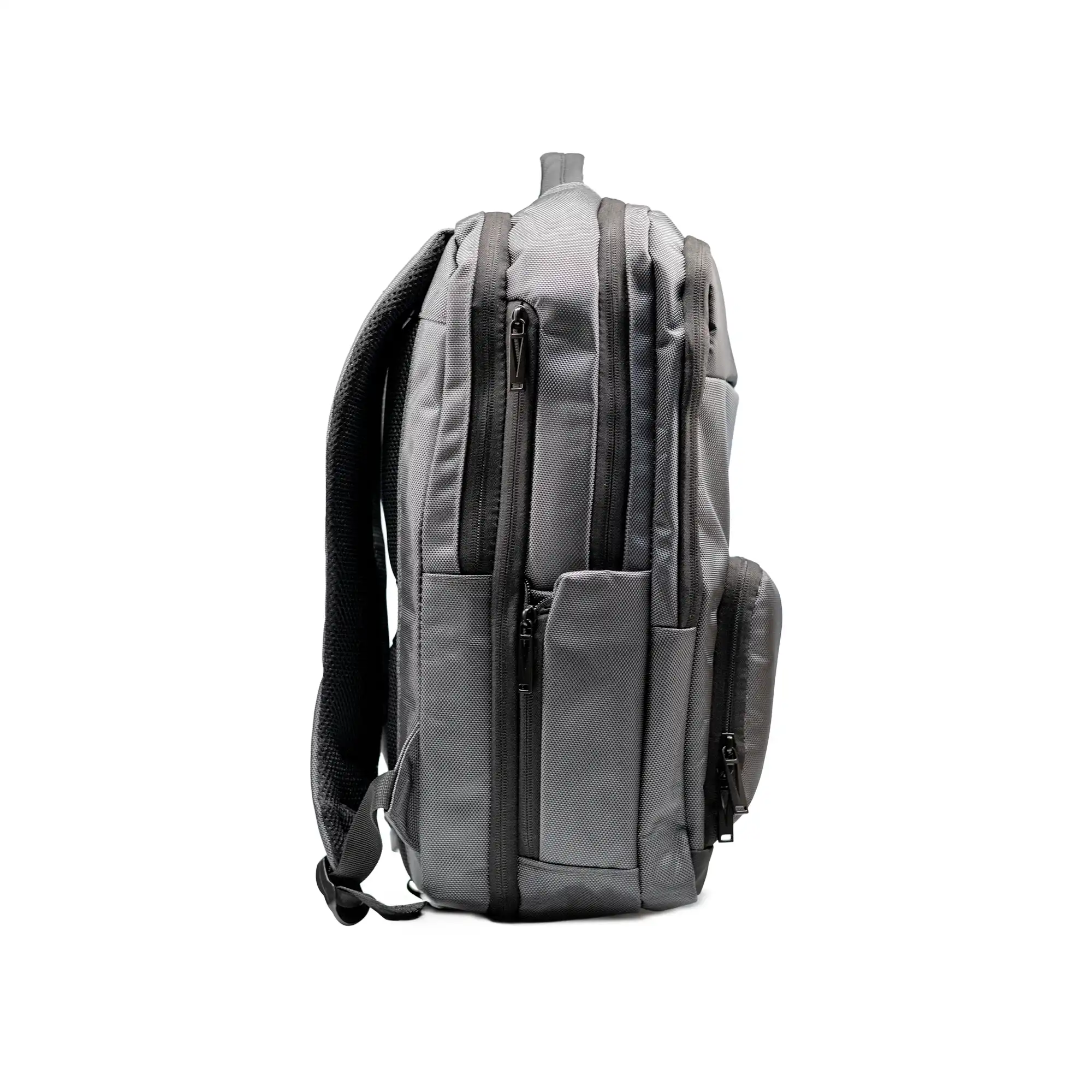 Gray executive laptop backpack with USB charging port and multiple compartments