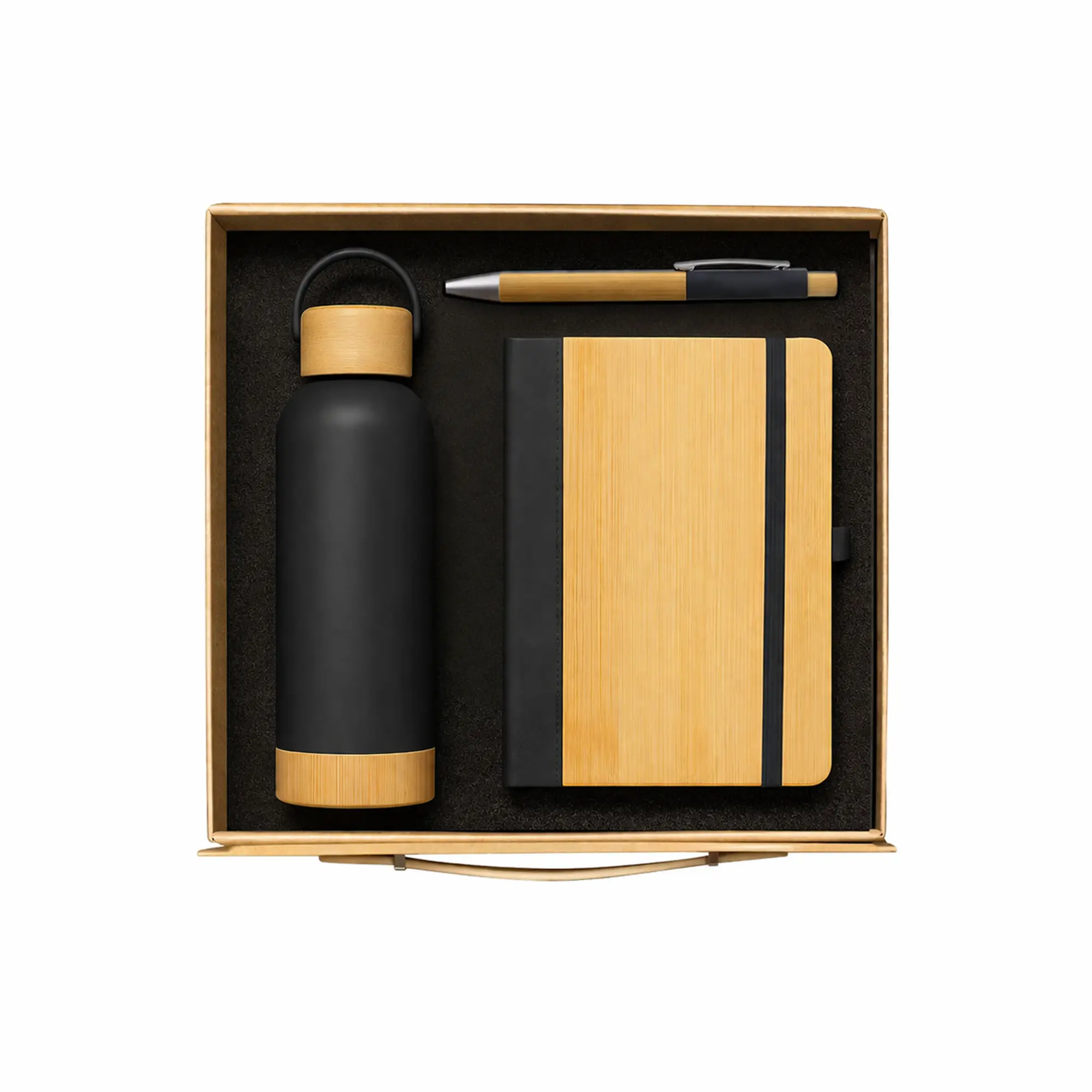 EcoBlend Trio Black corporate gift set with bamboo bottle notebook and pen UAE