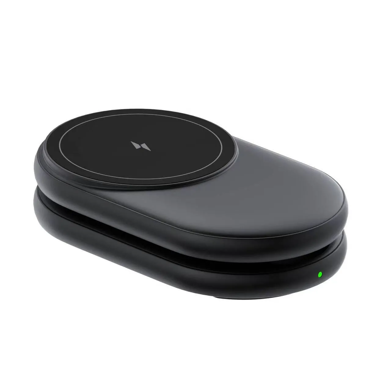 Black 3-in-1 foldable magnetic wireless charger stand charging a smartphone, smartwatch and wireless earbuds