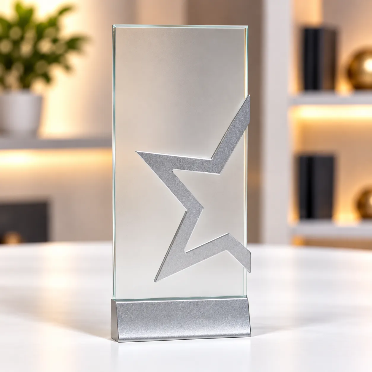 Silver star crystal award column on a desk