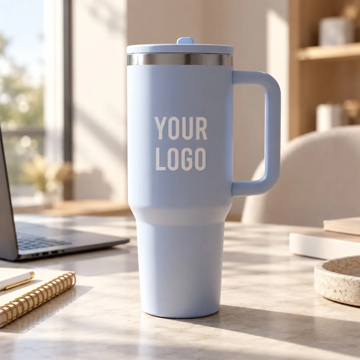 Double Walled Tumbler With Handle And Flip Straw