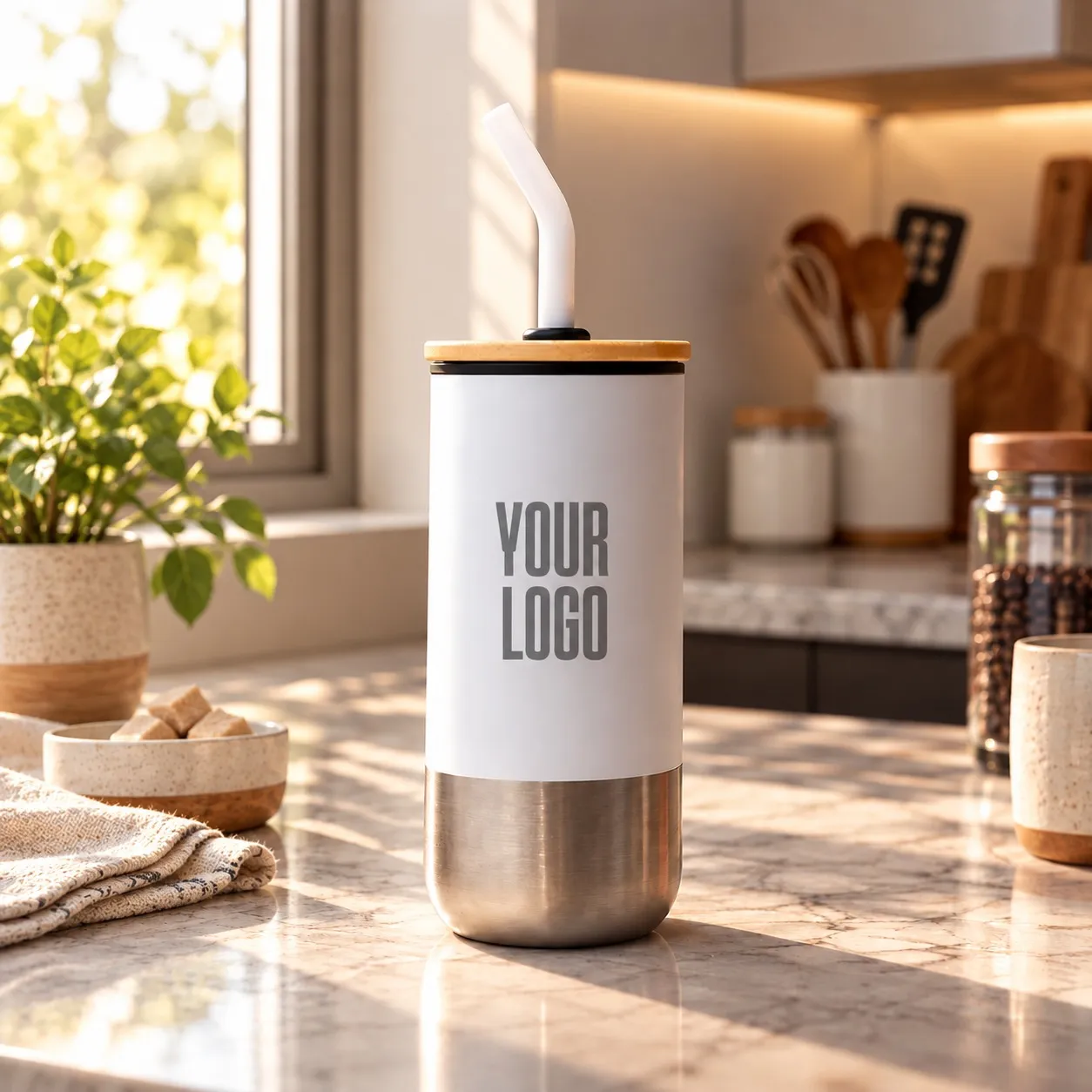 White Eco Tumbler with Bamboo Lid and Straw