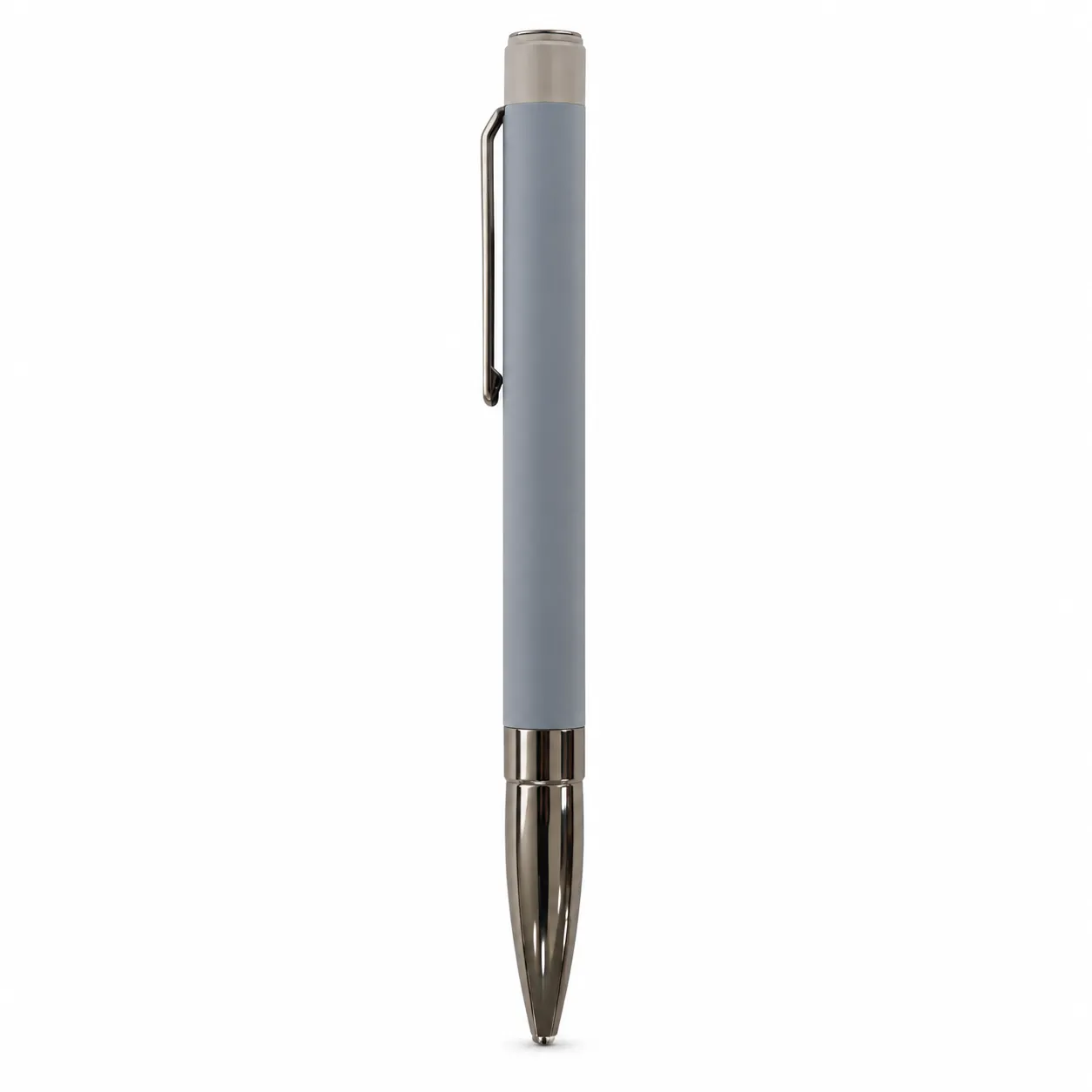 Grey matte metal ballpoint pen with gunmetal clip and bullet tip on white