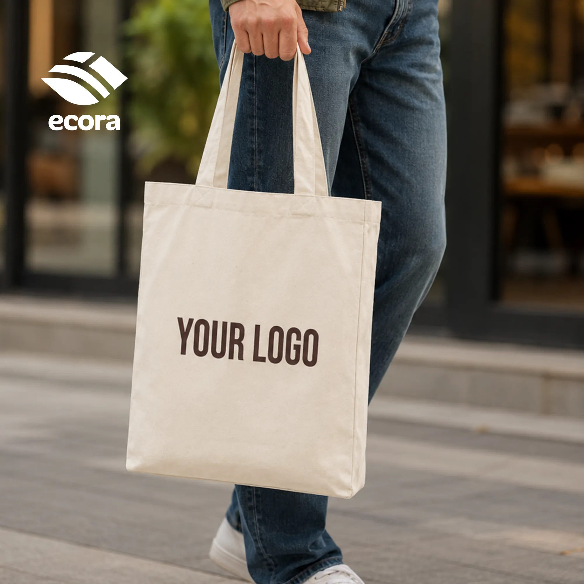Veiro canvas shopping bag in natural with a printed logo on the front panel