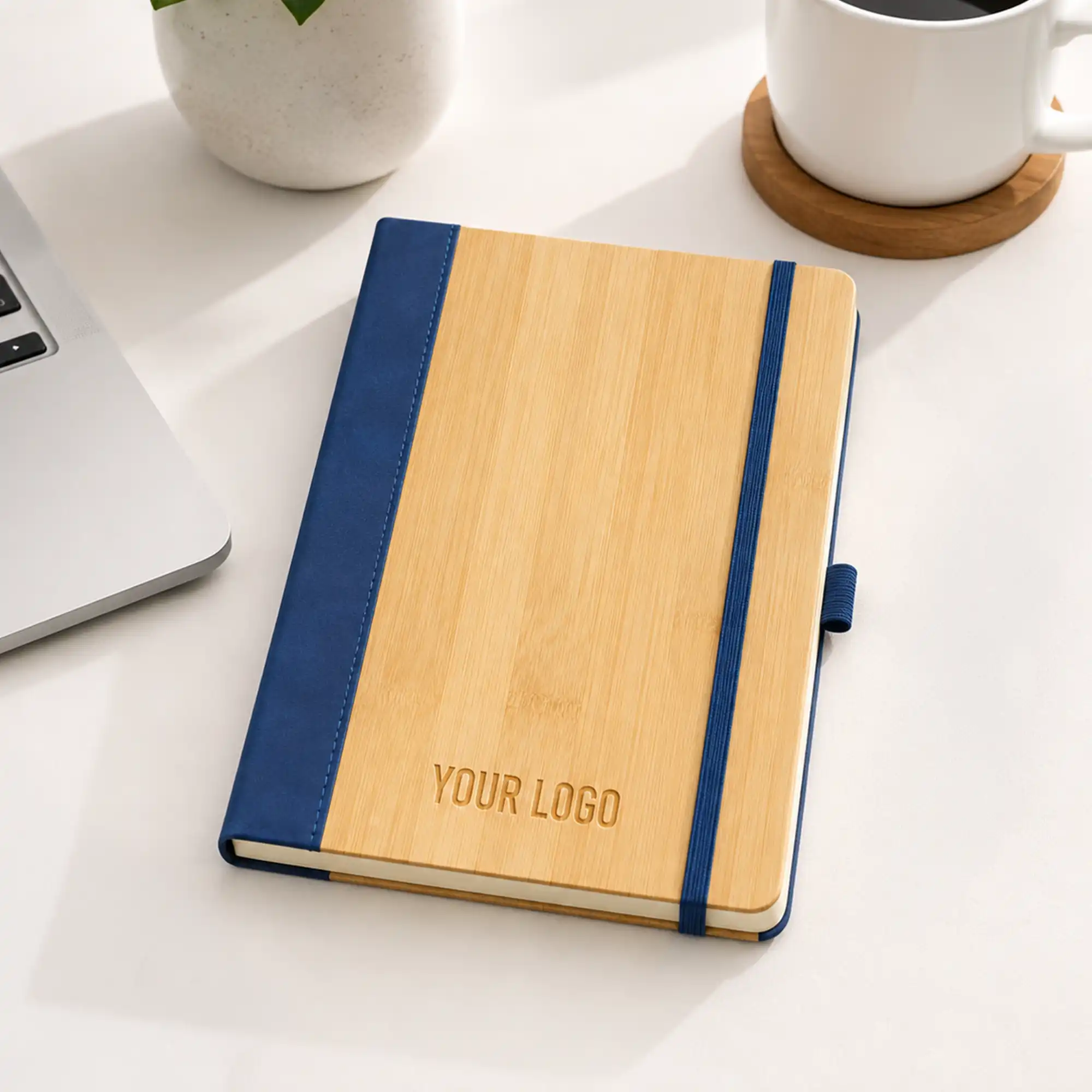 Promotional PU Notebook with Bamboo Finish Blue