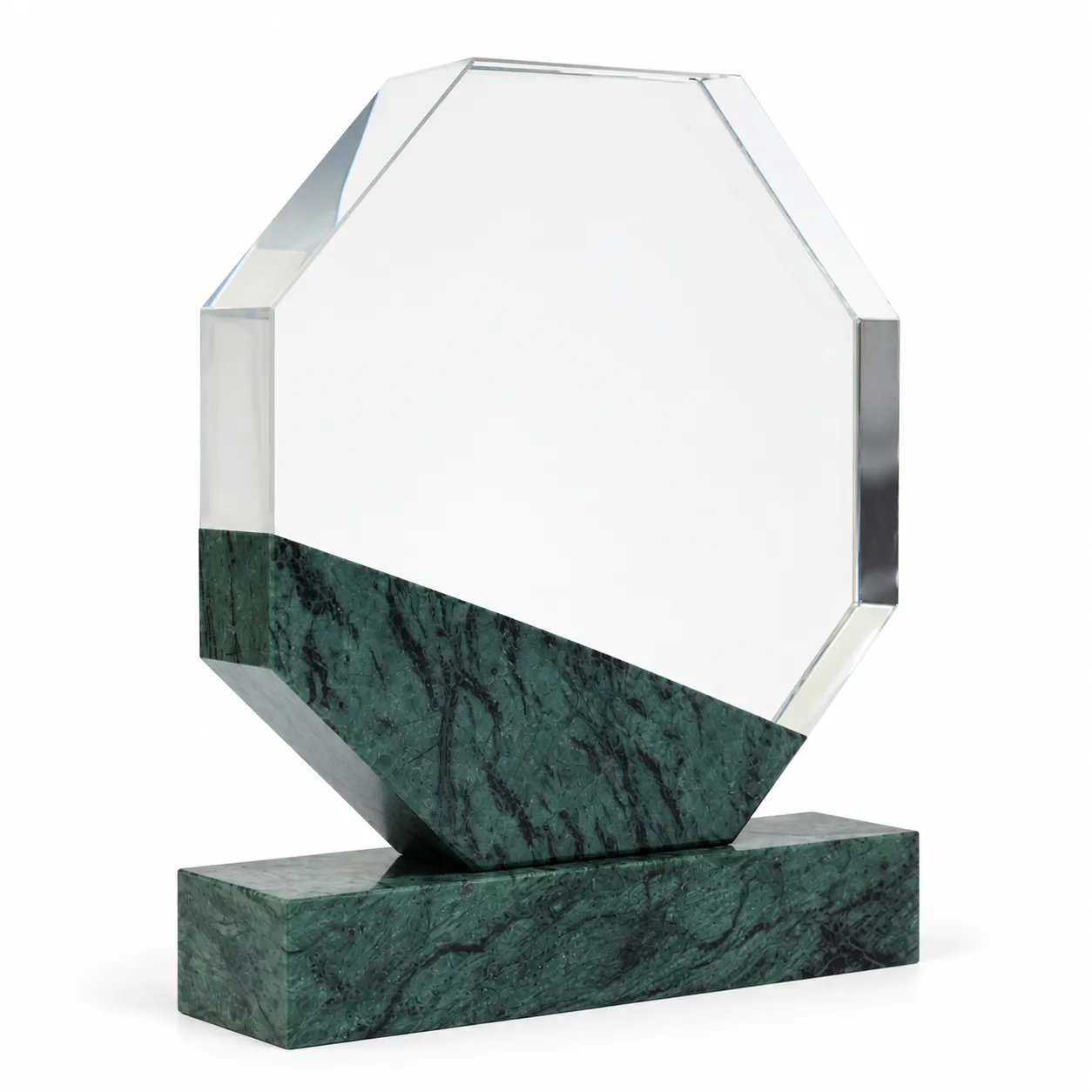 Green marble octagonal crystal award on a desk