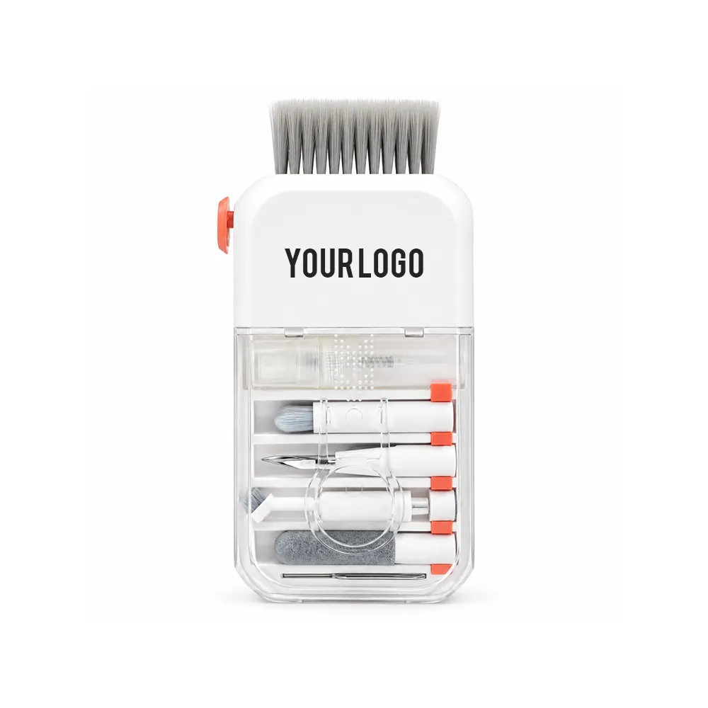 White 14-in-1 gadget cleaning kit with clear lid showing brushes, earbud pen and spray inside