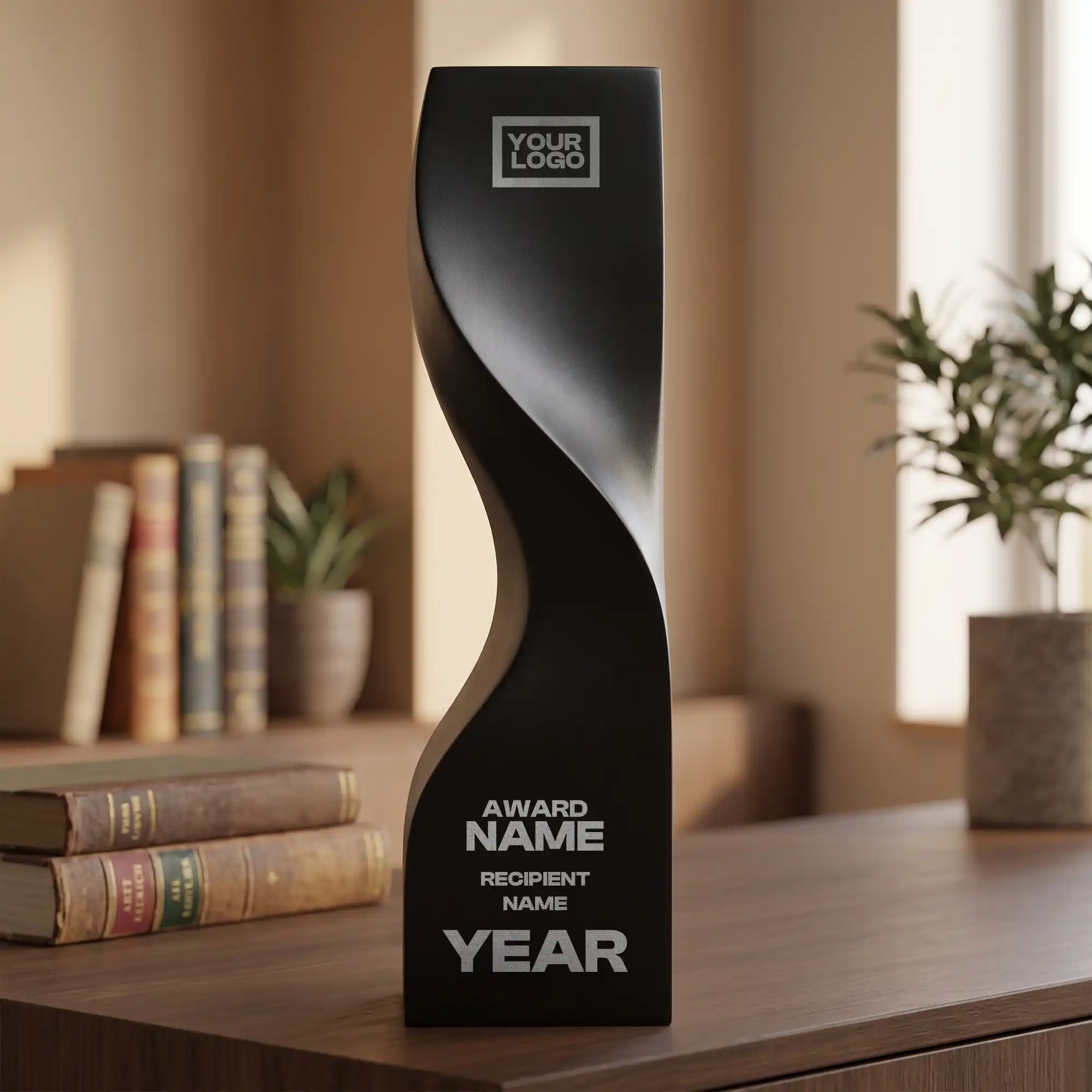 Matte black twisted crystal award, tall sculptural column shape