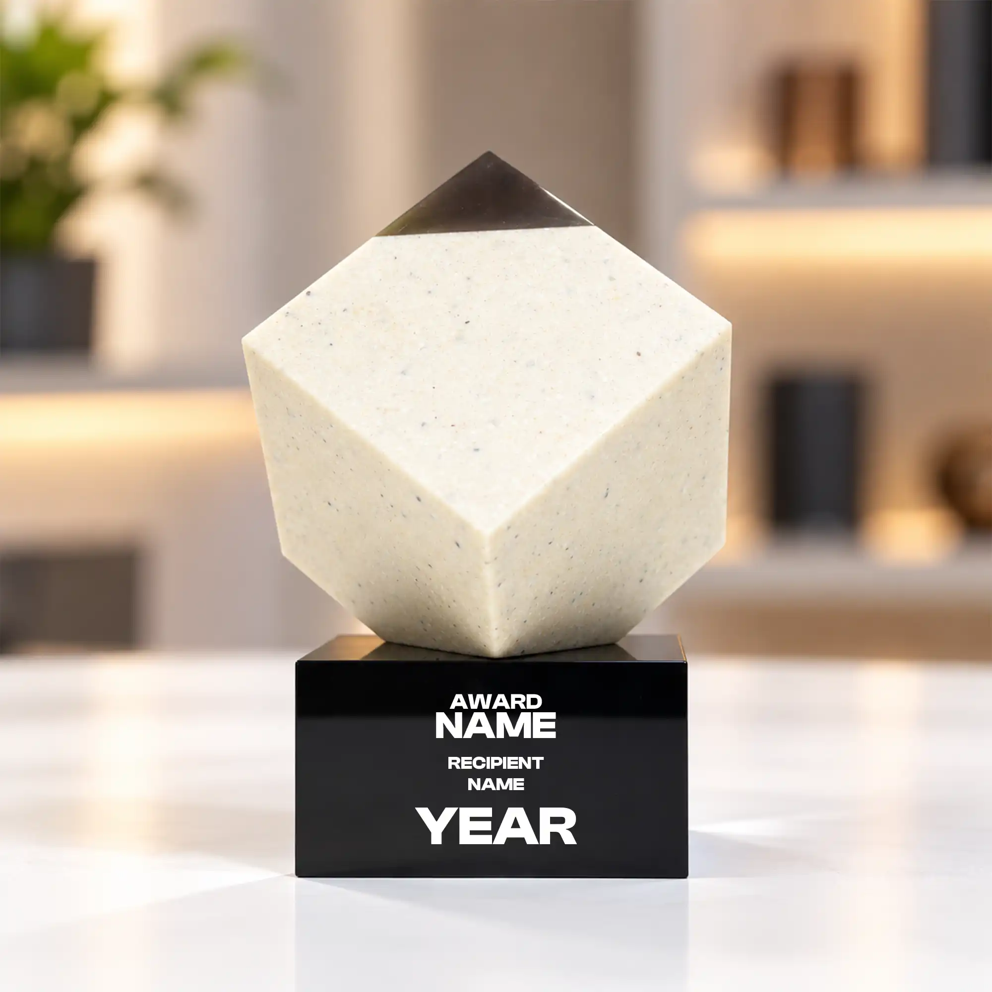 Diamond corner crystal cube on a black base on a desk