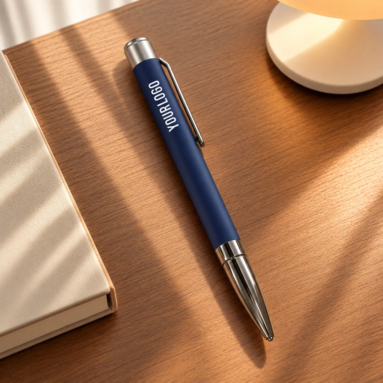 Blue matte metal ballpoint pen with gunmetal clip and bullet tip on white