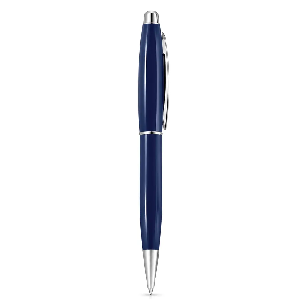 Blue glossy metal ballpoint pen with chrome trim standing upright on white