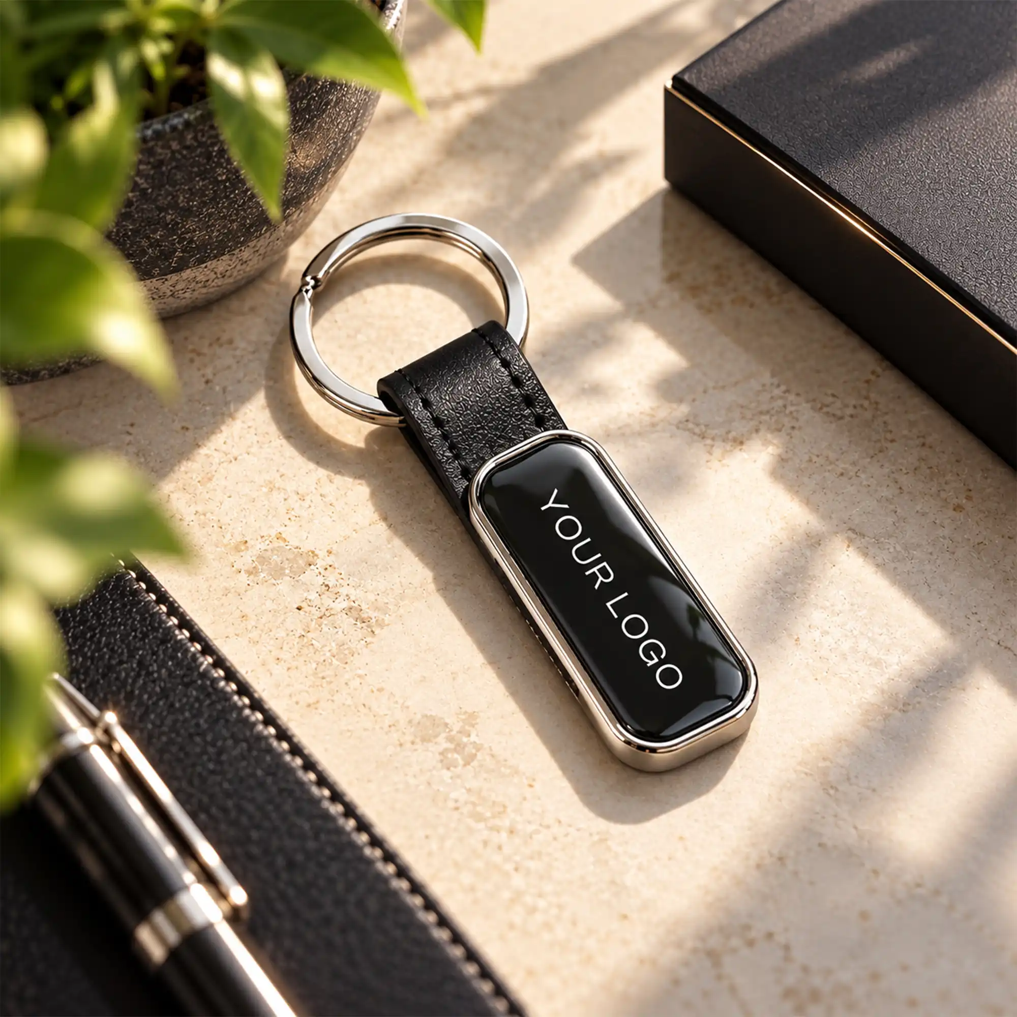 Silver Tag Leather Strap Keychain