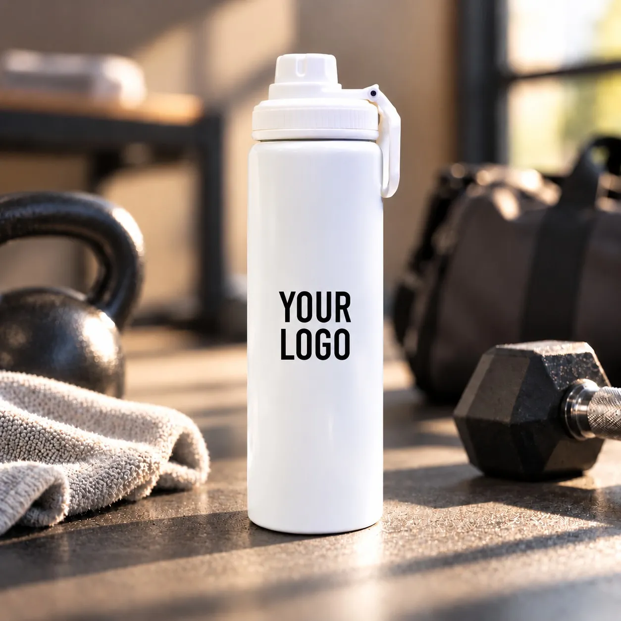 Reusable aluminium sports bottle with handle, 800 ml capacity, black and white color options for corporate gifting.