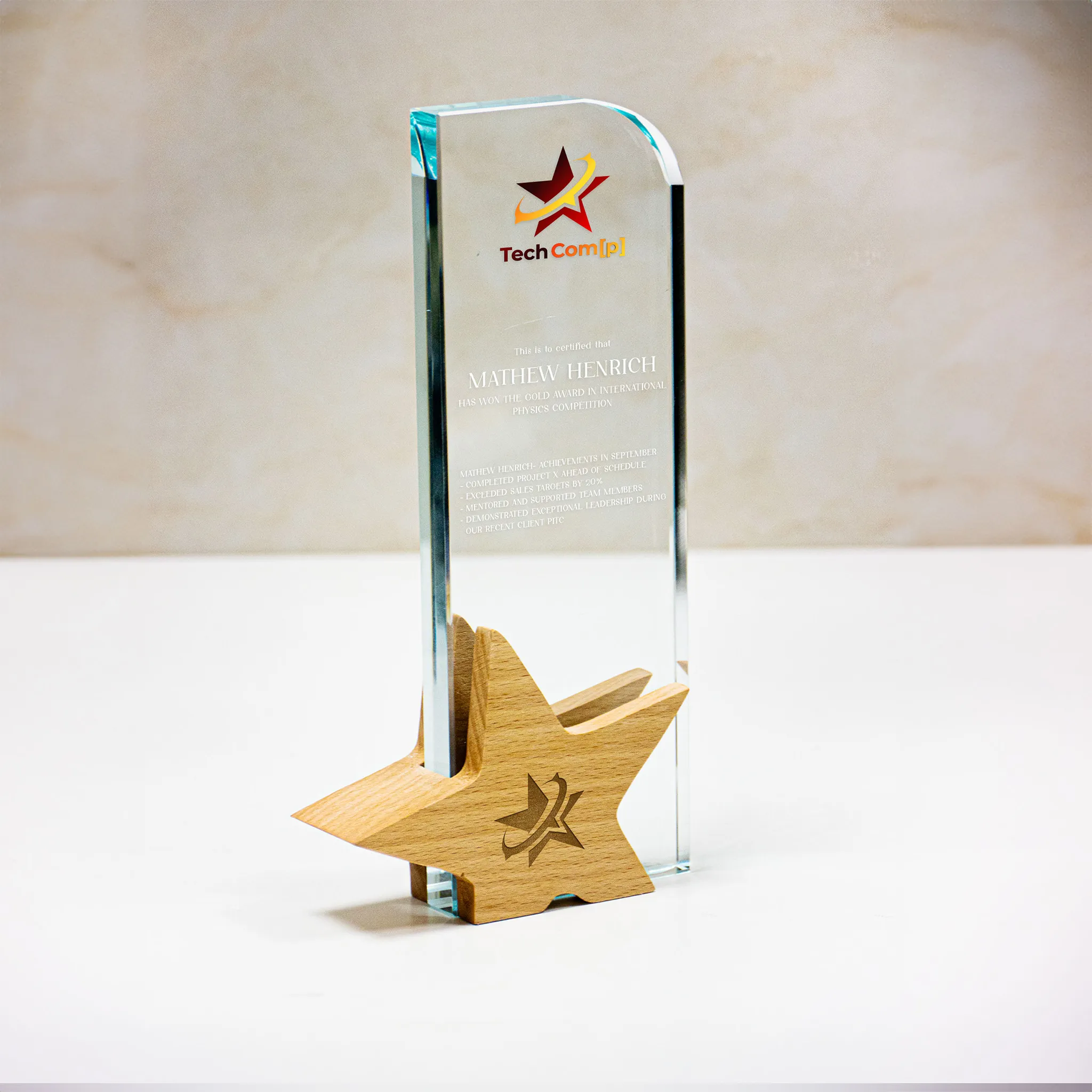 Crystal Award With Wooden Star Base 