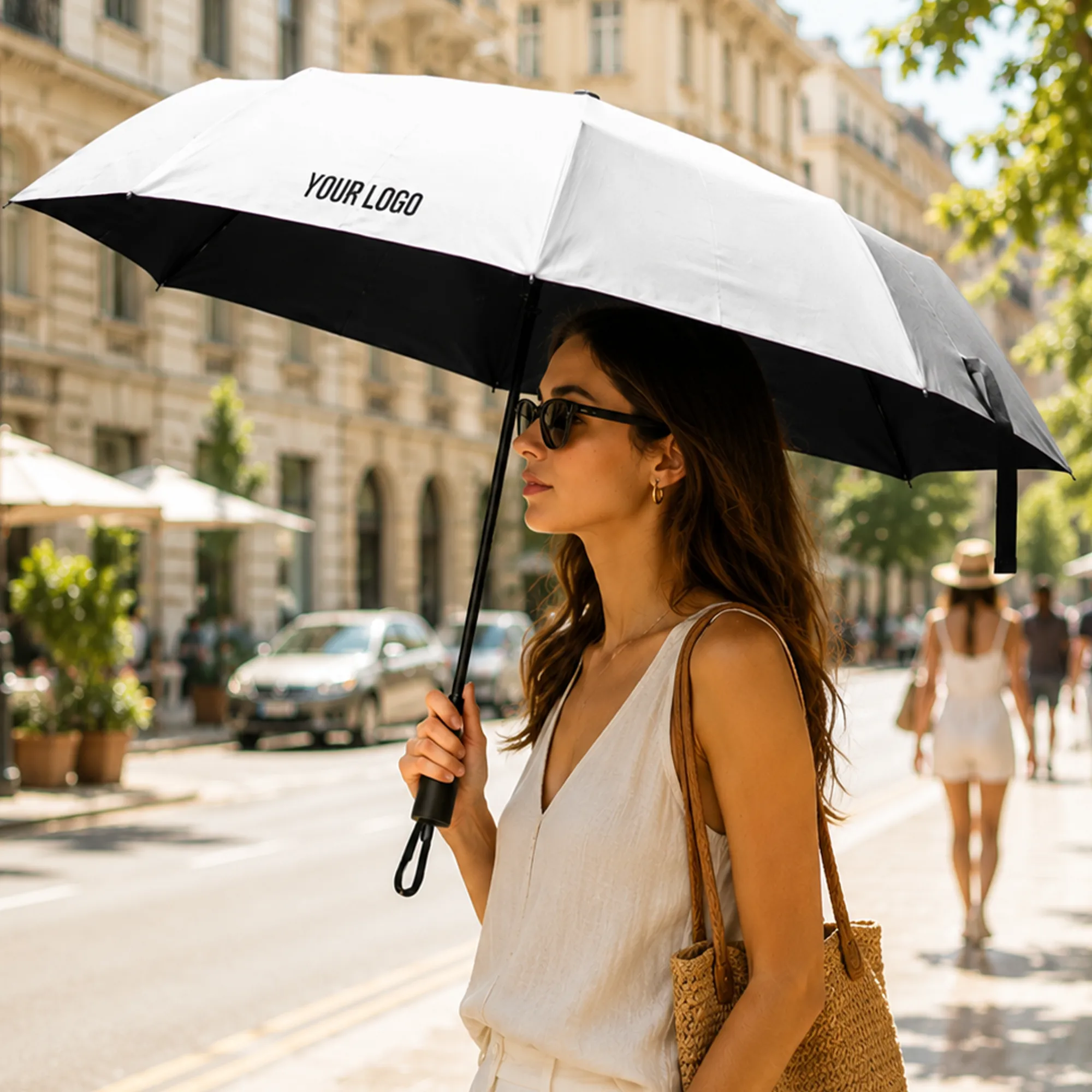 metallic silver ultra slim travel umbrella custom logo corporate gift UAE