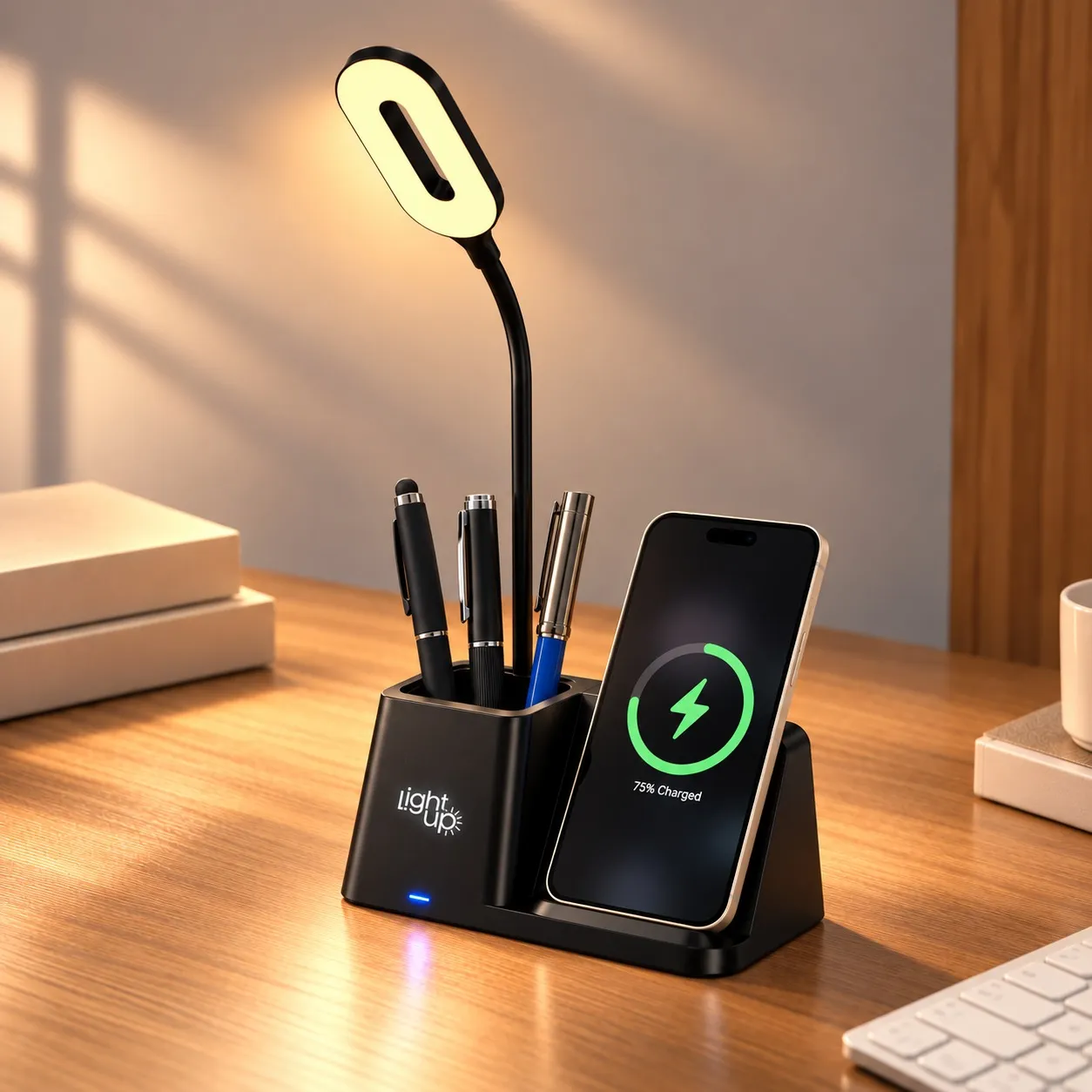 3-in-1 wireless charger with LED desk lamp and smartphone stand