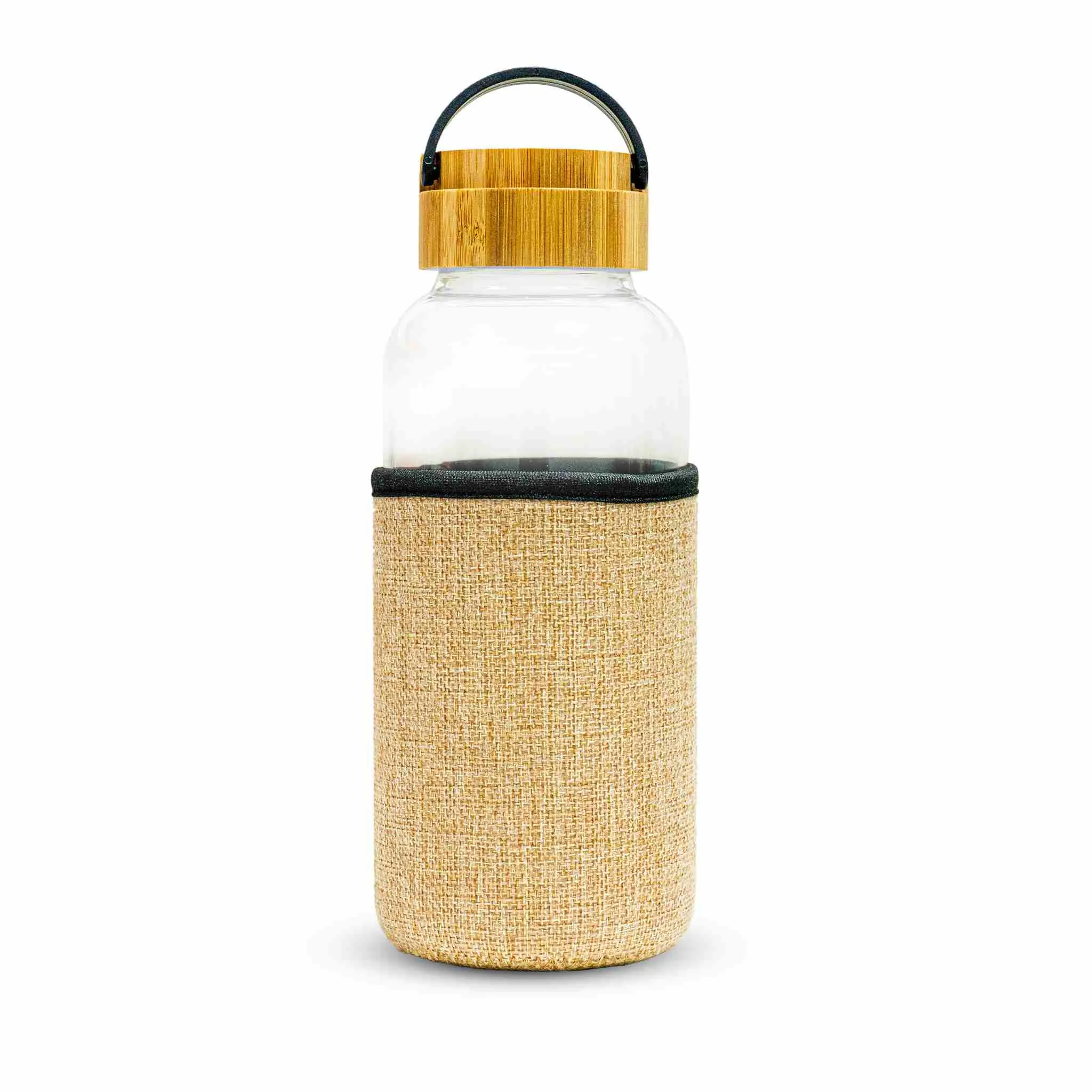 1000 ml glass bottle with jute sleeve and YOUR LOGO printed on the front, studio view