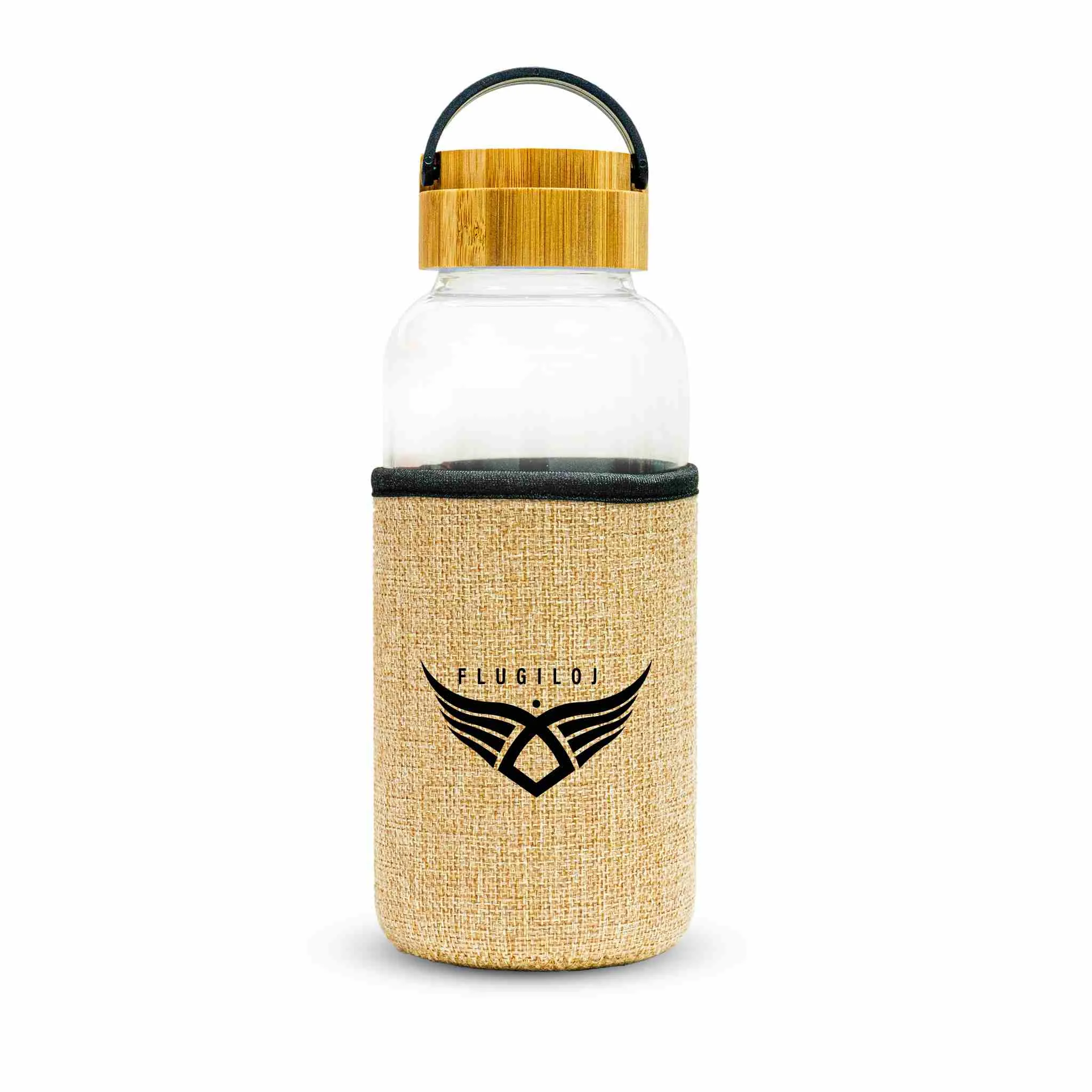 1000 ml glass bottle with jute sleeve and YOUR LOGO printed on the front, studio view