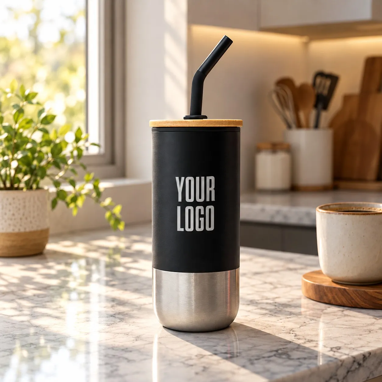 Black Eco Tumbler with Bamboo Lid and Straw