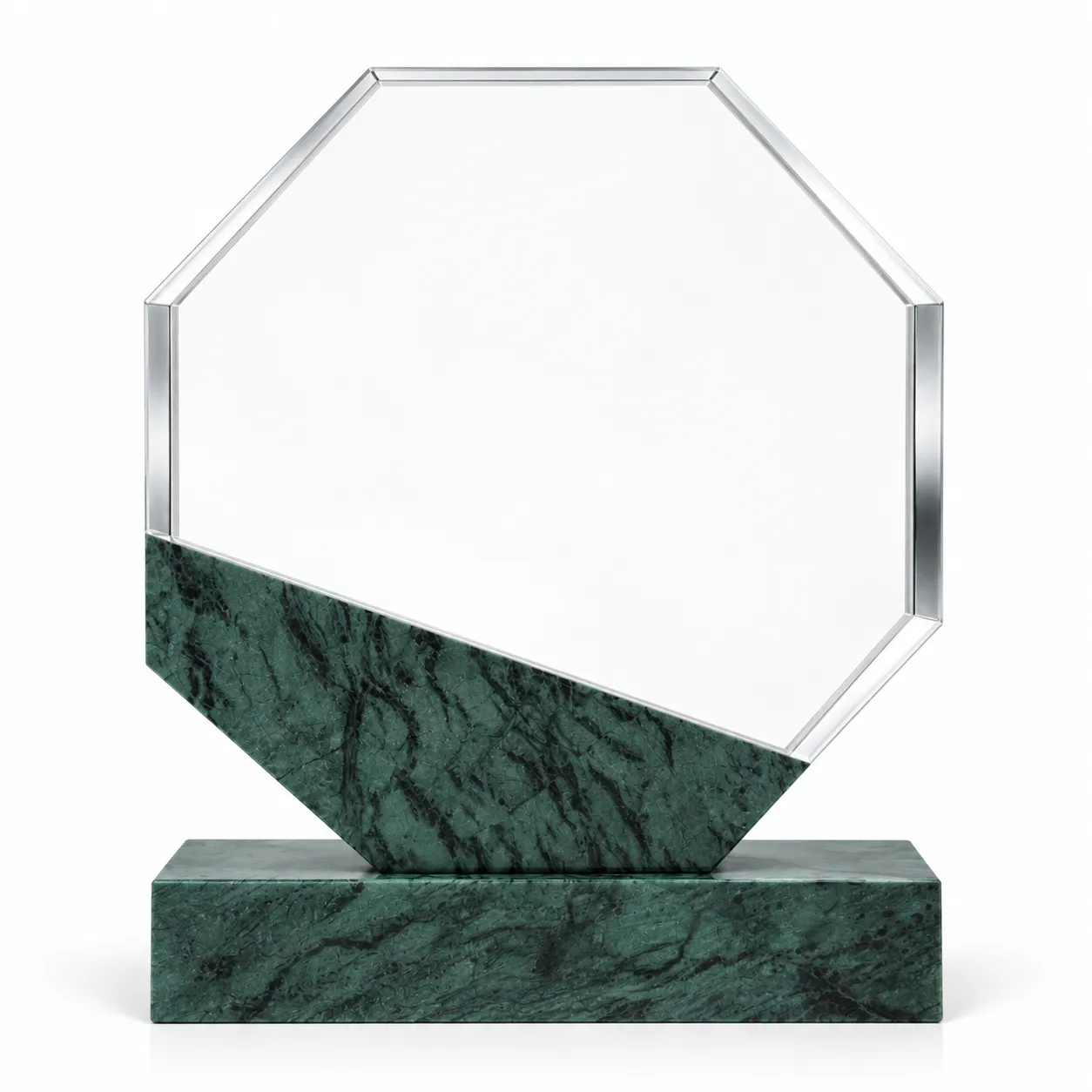 Green marble octagonal crystal award on a desk